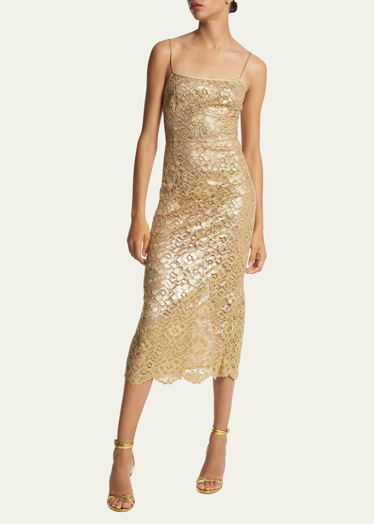 Michael Kors Laminated Lace Midi Slip Dress In Gold