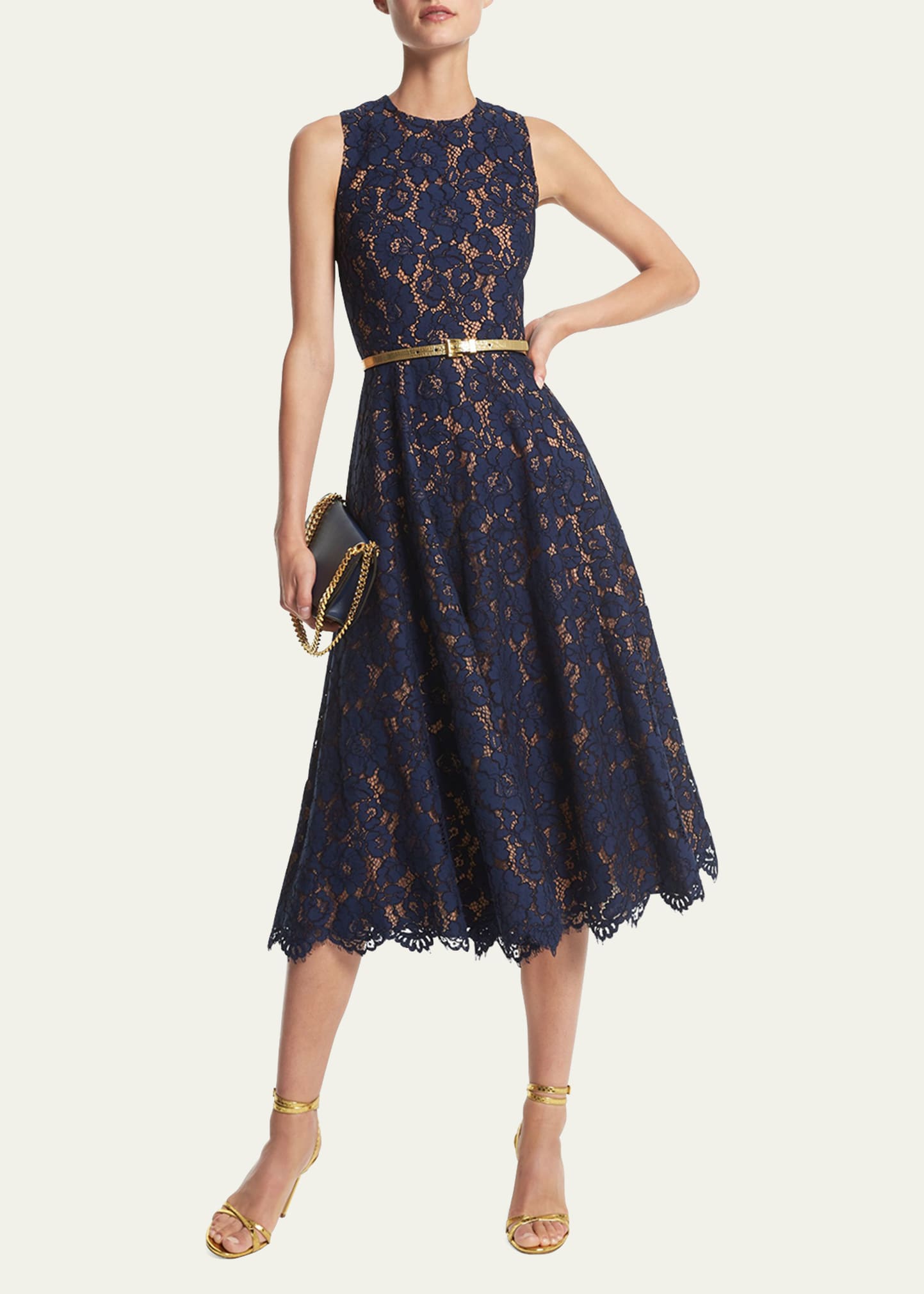 Michael Kors Large Floral Lace Sleeveless Midi Dress In Navy