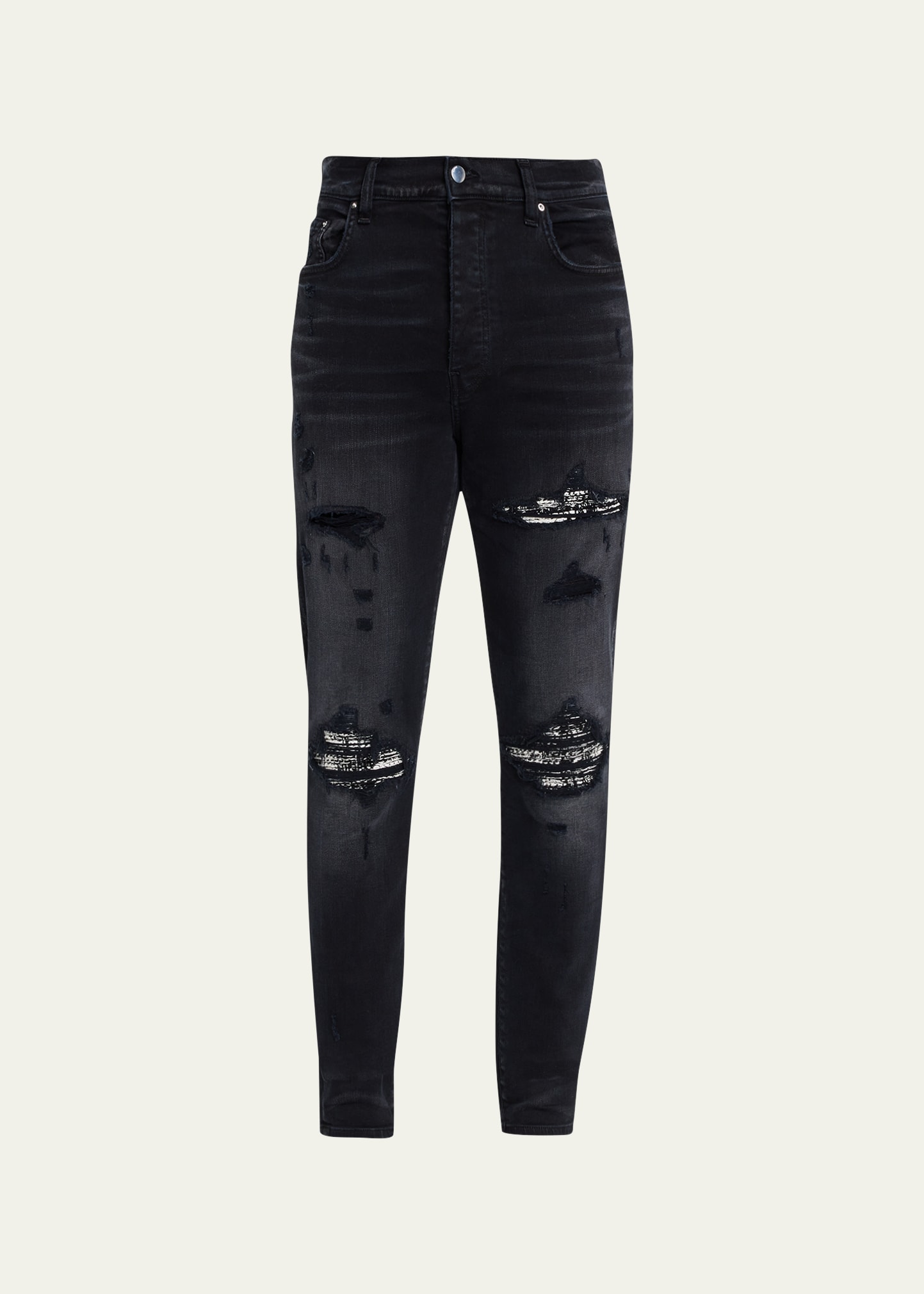 Amiri Stretch Denim Jeans With Leopard Print Accents In Aged Black