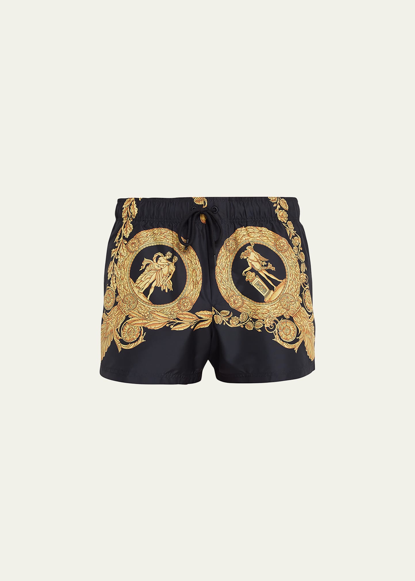 Shop Versace Men's Heritage Print Swim Shorts In Blackgold