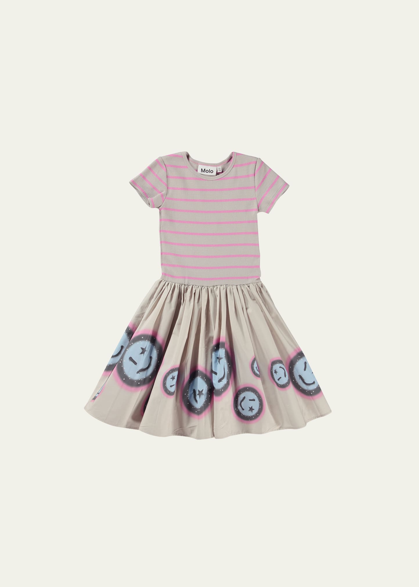 Molo Kids' Girl's Cissa Stripe Combo Dress With Smiley Faces In Space Smiles