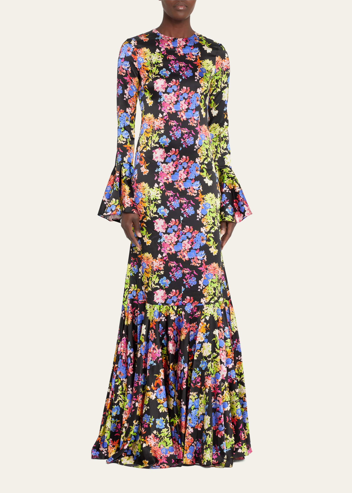 Allonia Bell-Sleeve Floral-Print Trumpet Gown