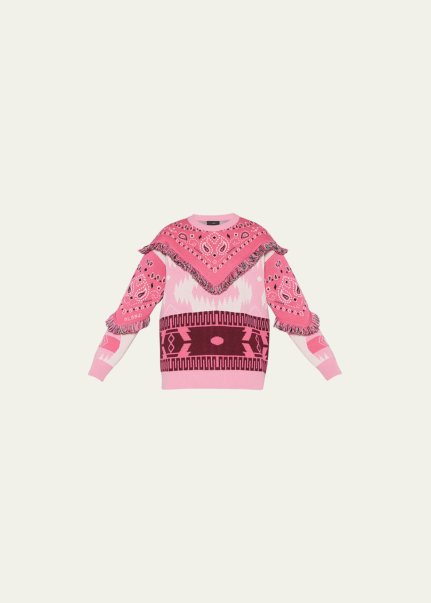 Alanui Icon Jacquard Bandana Patch Fringe-trim Wool Sweater In Stella Pink