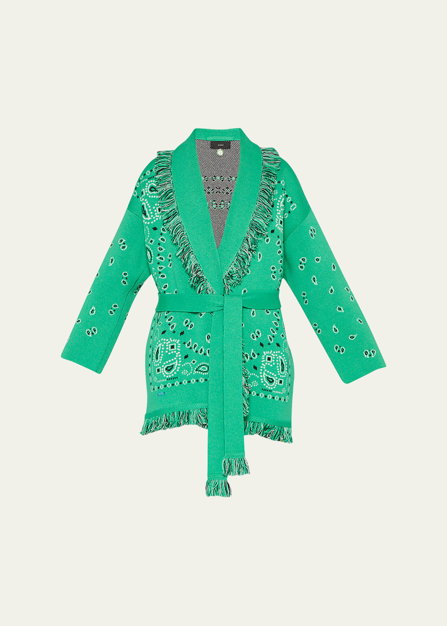 Alanui Jacquard Bandana Fringe Belted Cardigan In Green Flash