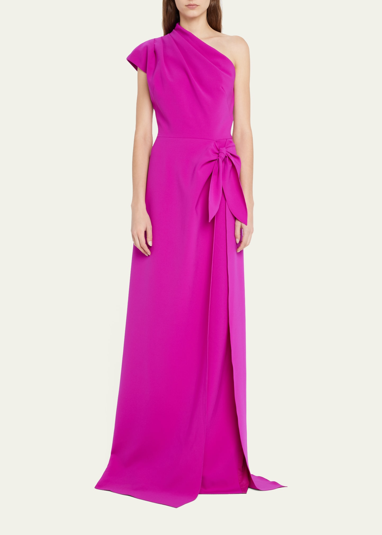 Draped Cap-Sleeve One-Shoulder Gown