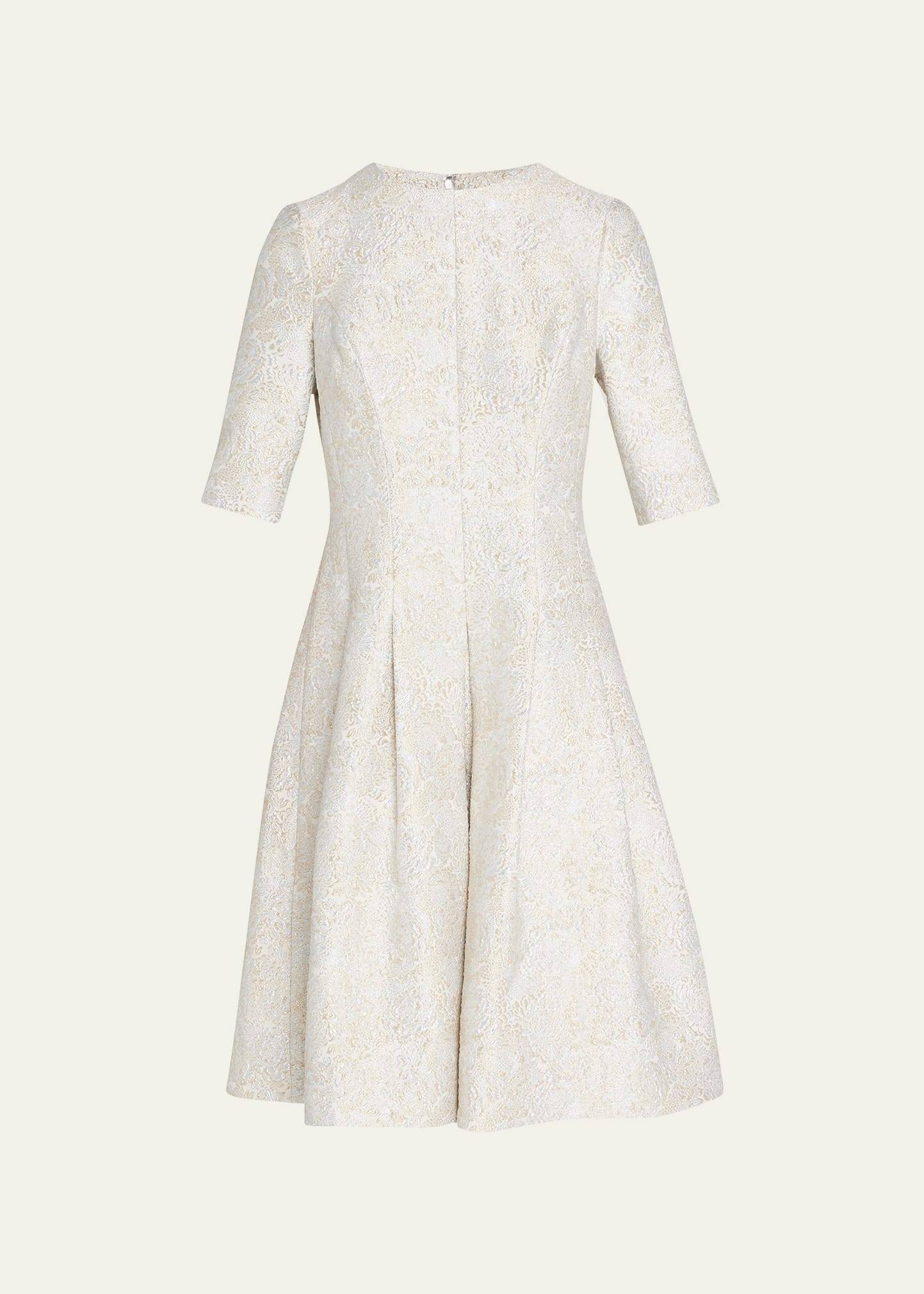 Elbow-Sleeve Pleated Jacquard Midi Dress