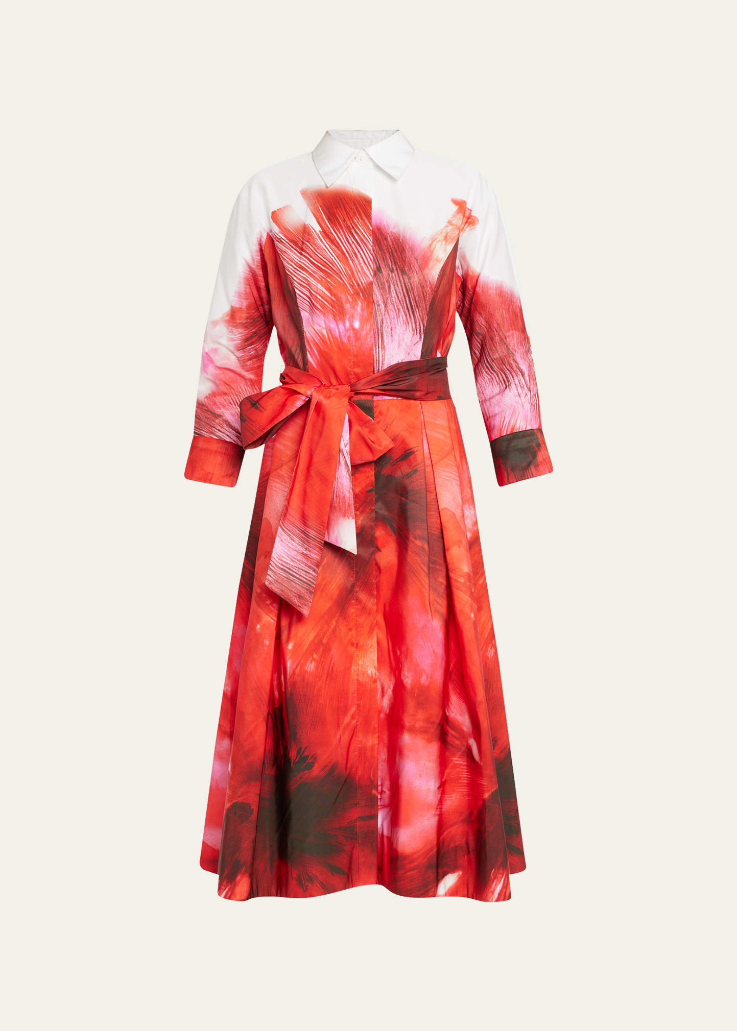 Pleated Printed A-Line Midi Shirtdress