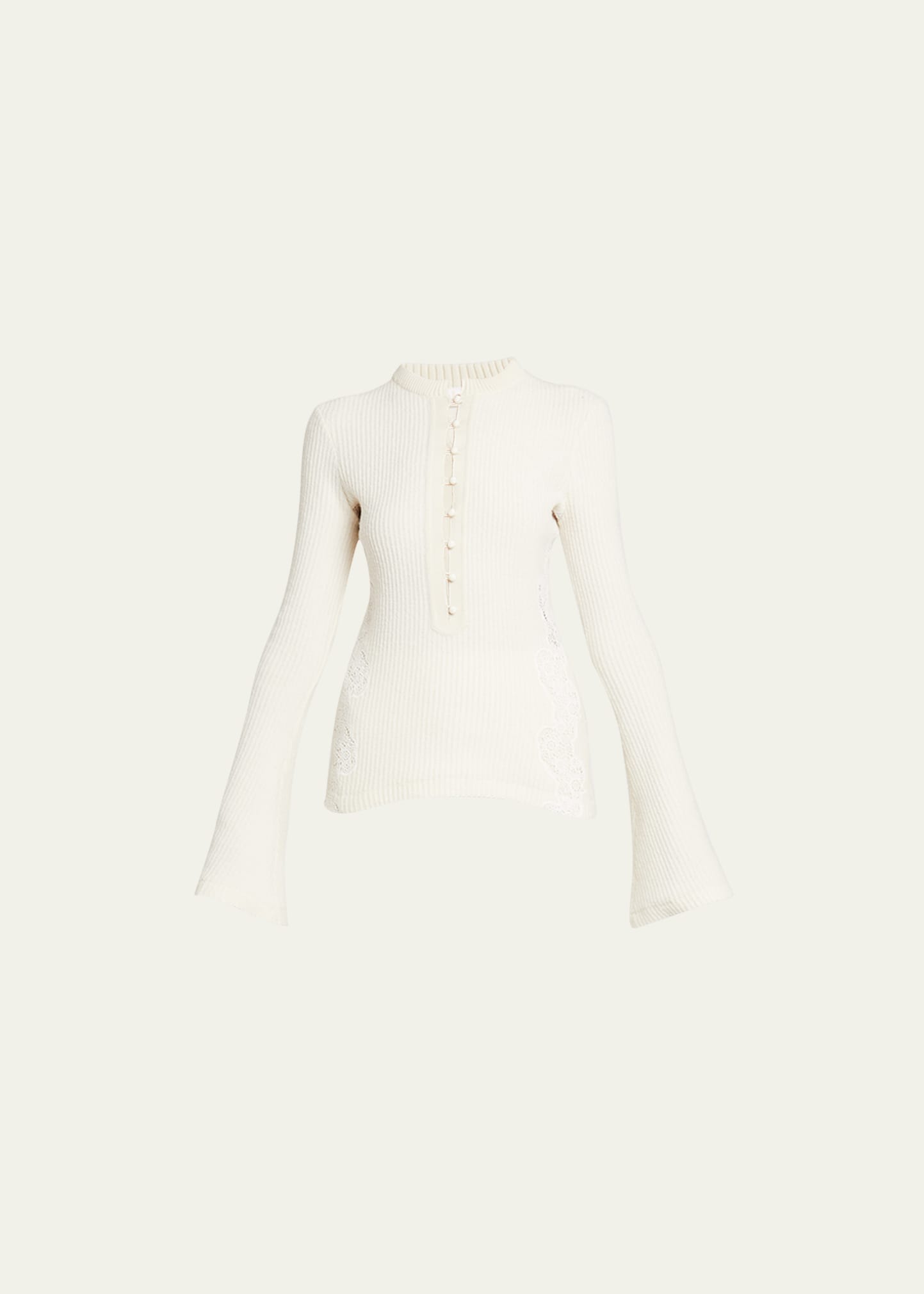 Shop Chloé Lace-insert Flare-sleeve Rib Top In Eden White