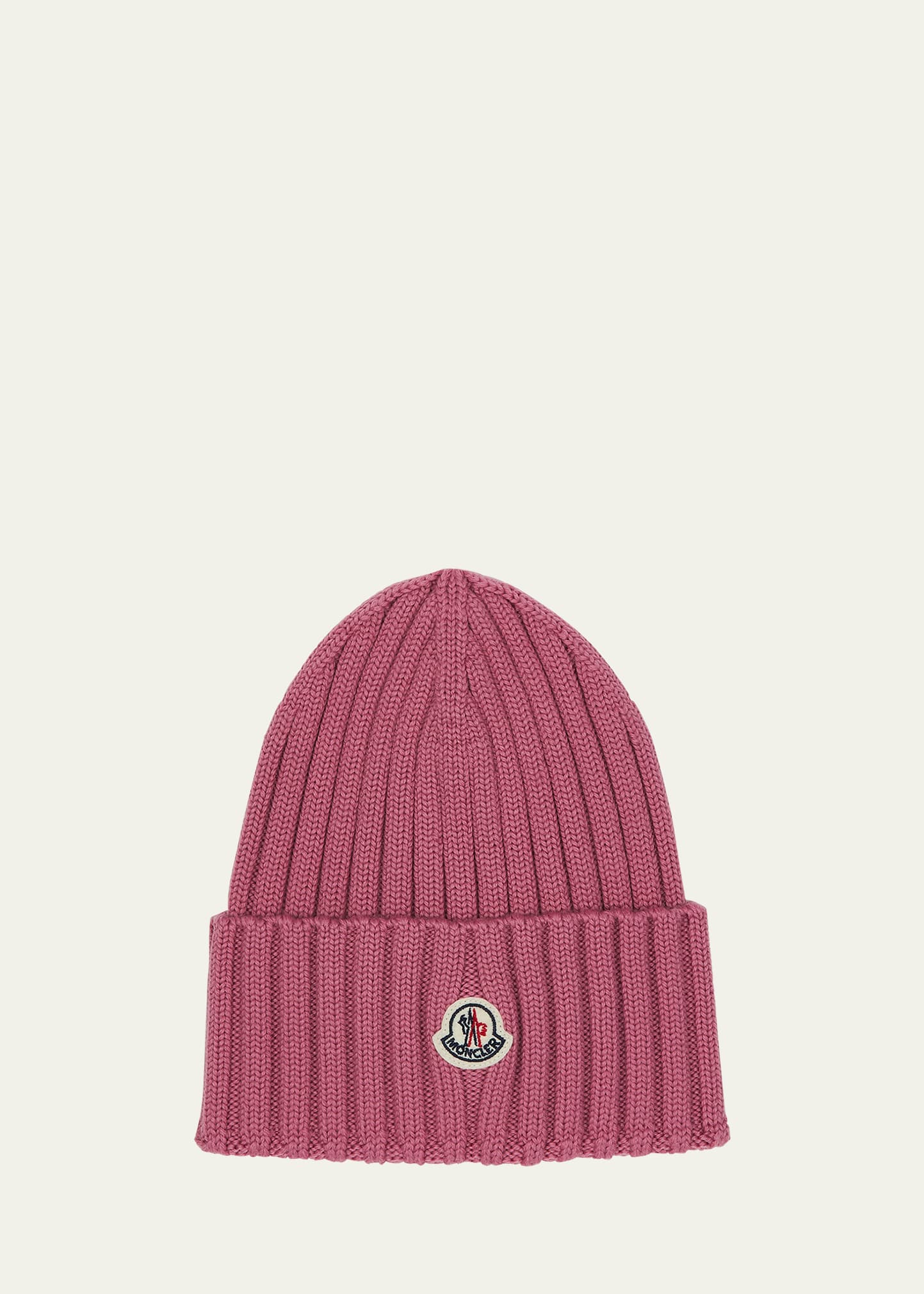 Moncler Ribbed Wool Beanie W/ Logo In Light Pink