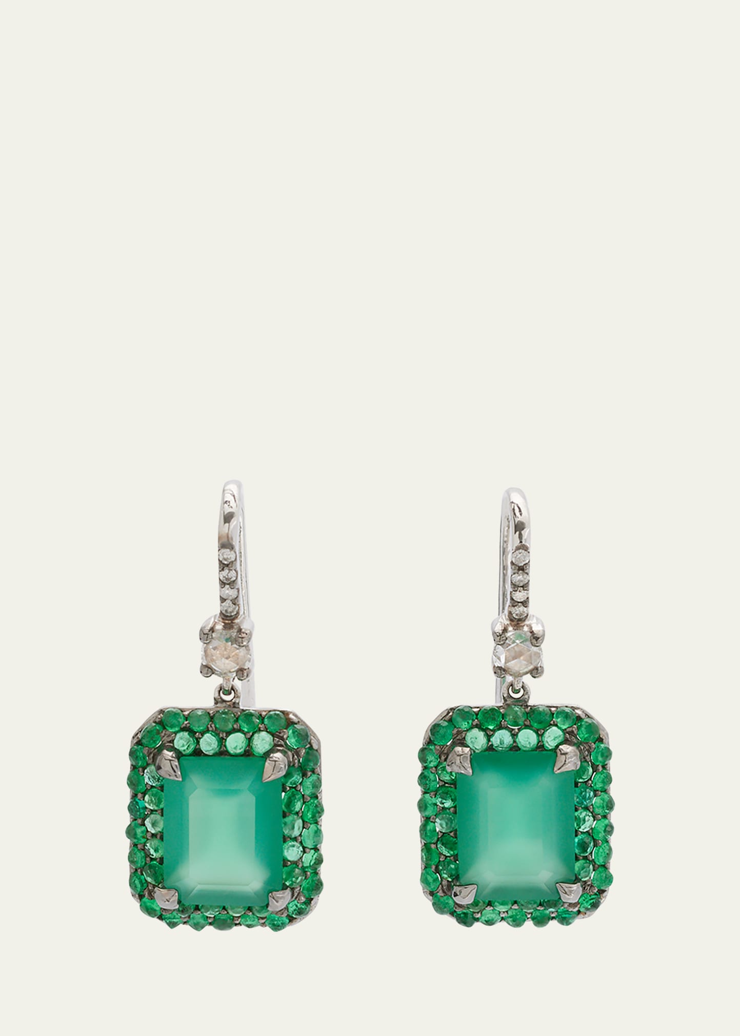 White Gold and Black Rhodium Octagon Earrings with Green Onyx, Emerald and Diamonds