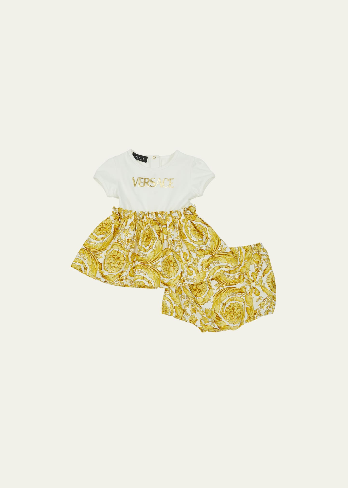 Versace Kids' Girl's Barocco Logo-print Combo Dress W/ Bloomers In Whitegold