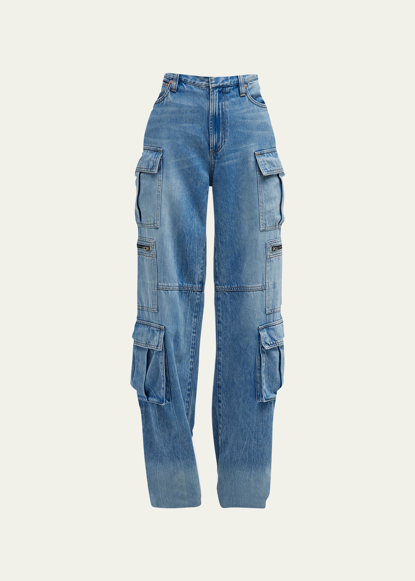 Shop Alice And Olivia Cay Baggy Denim Cargo Pants In Brea Blue