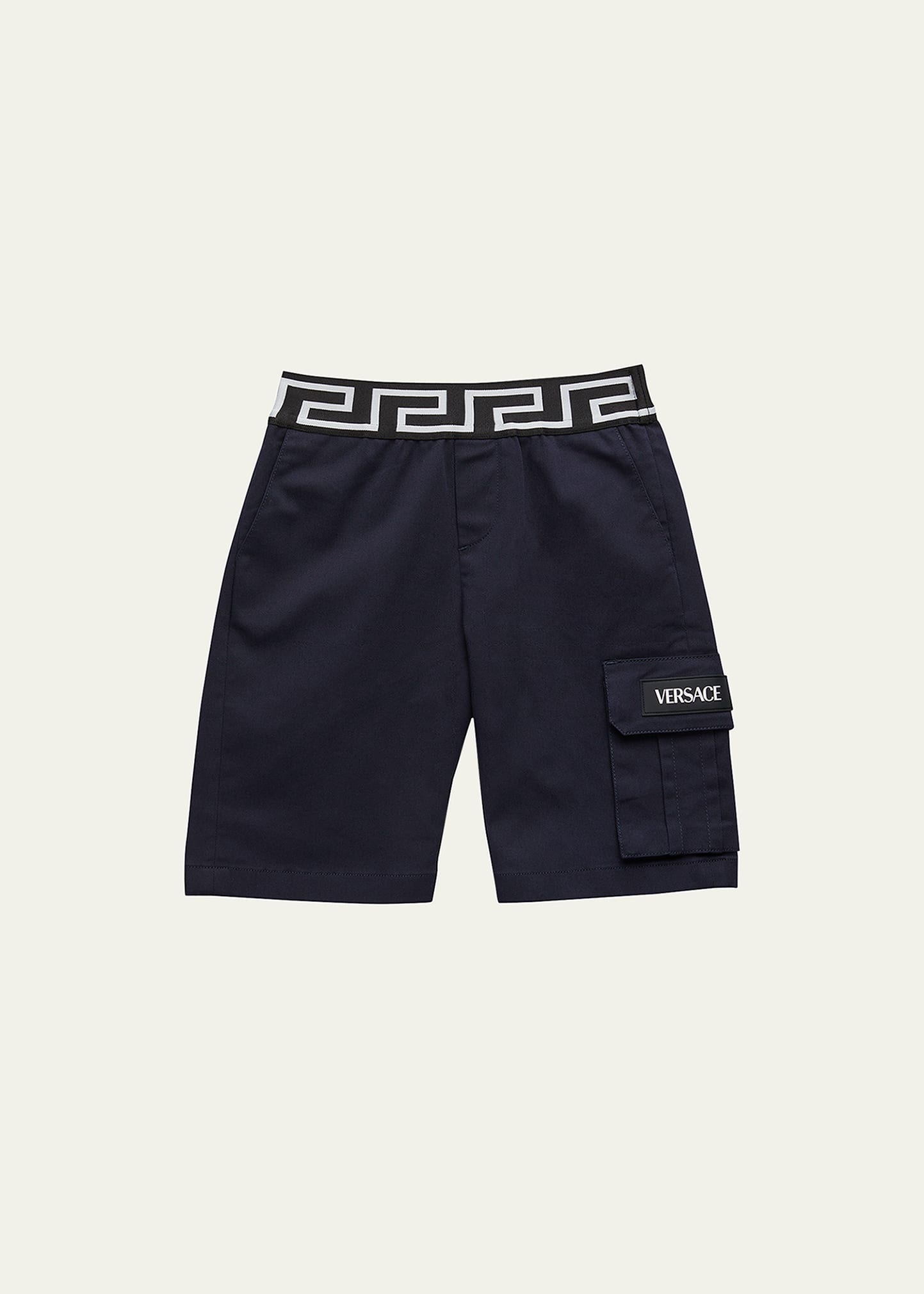 Versace Kids' Boy's Greca-waist Gabardine Cargo Shorts In Dark Blue