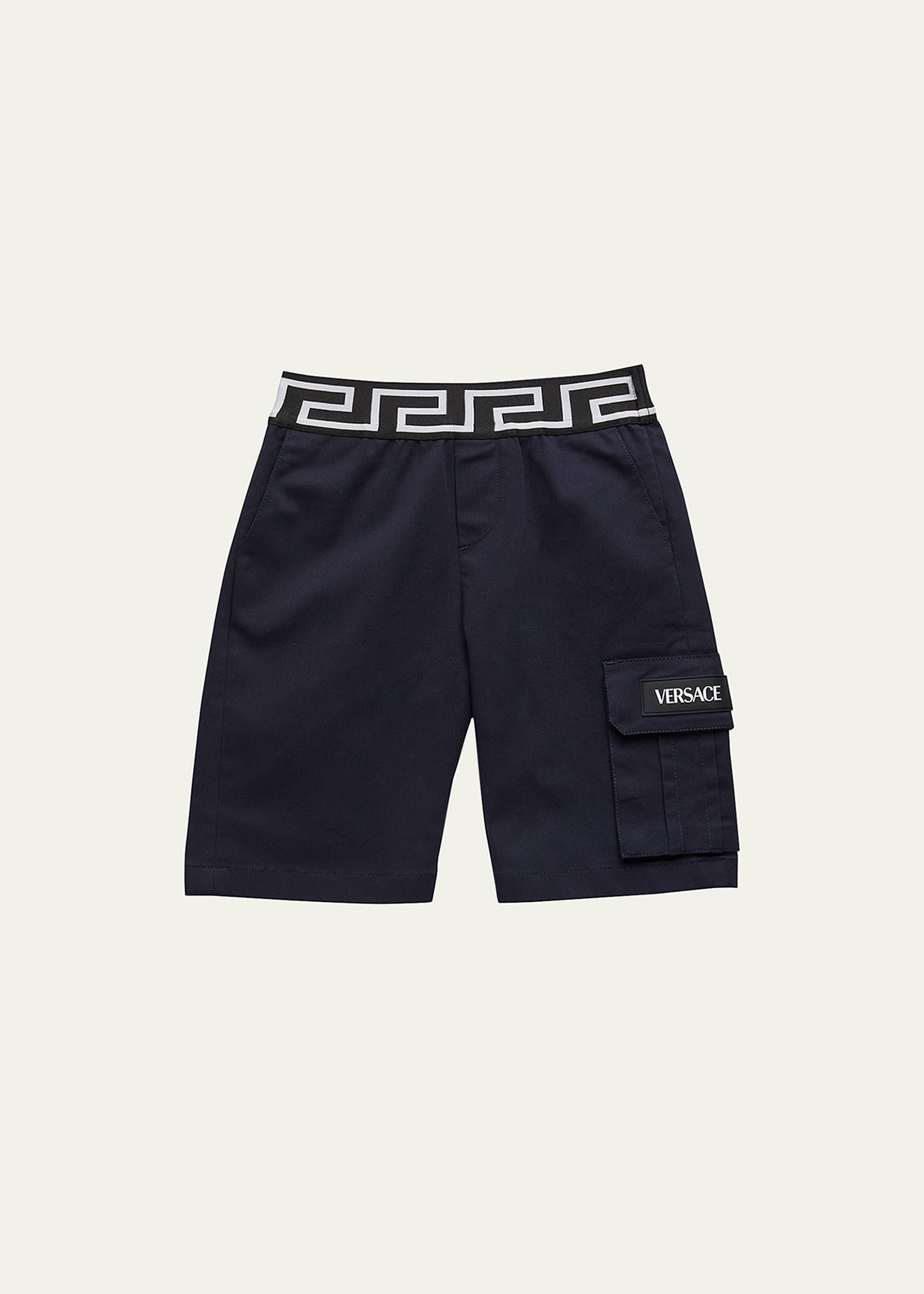 Versace Boy's Greca-waist Gabardine Cargo Shorts In Dark Blue