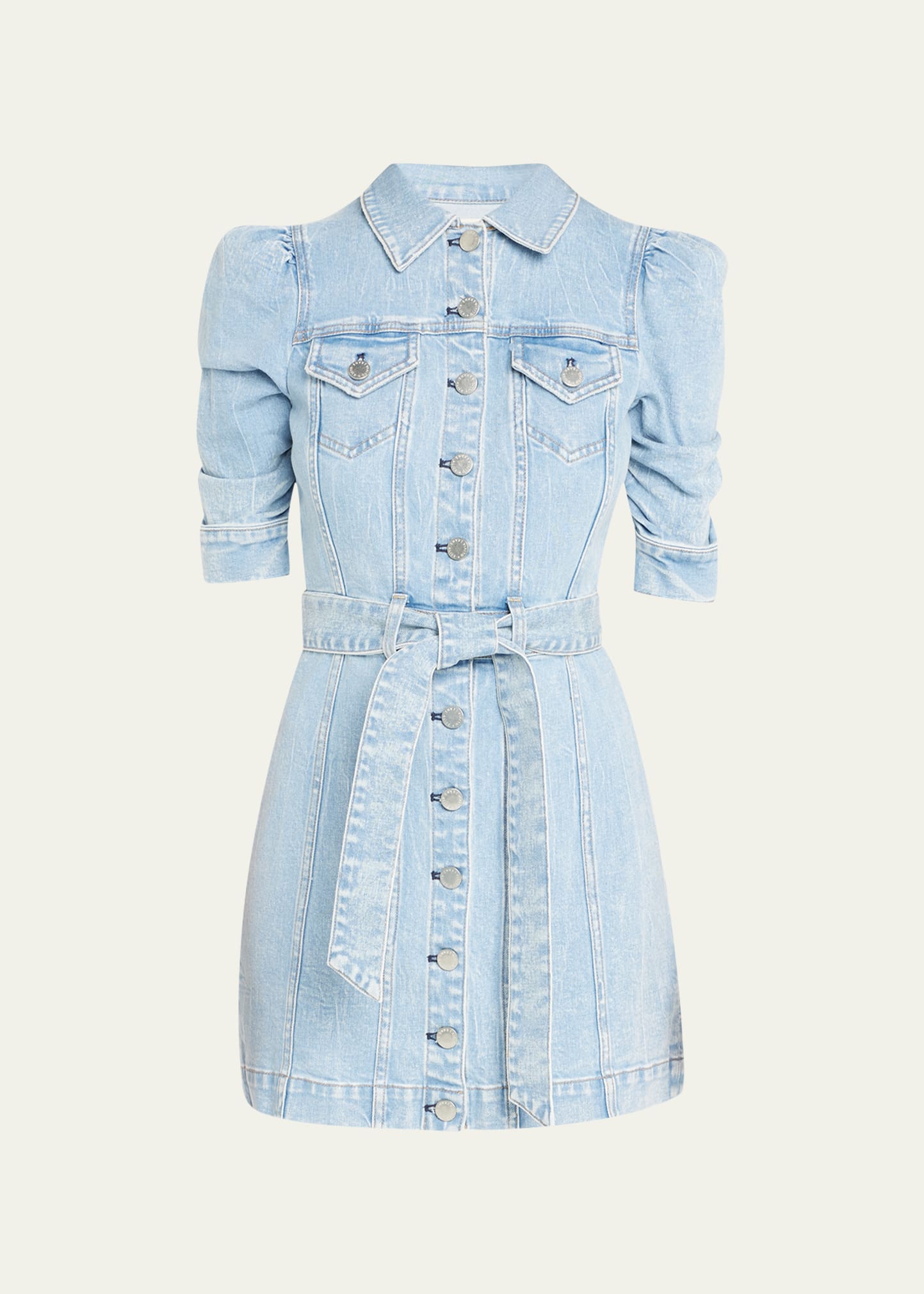 Shop Alice And Olivia Magali Ruched Puff-sleeve Mini Dress In Rocky Blues Light