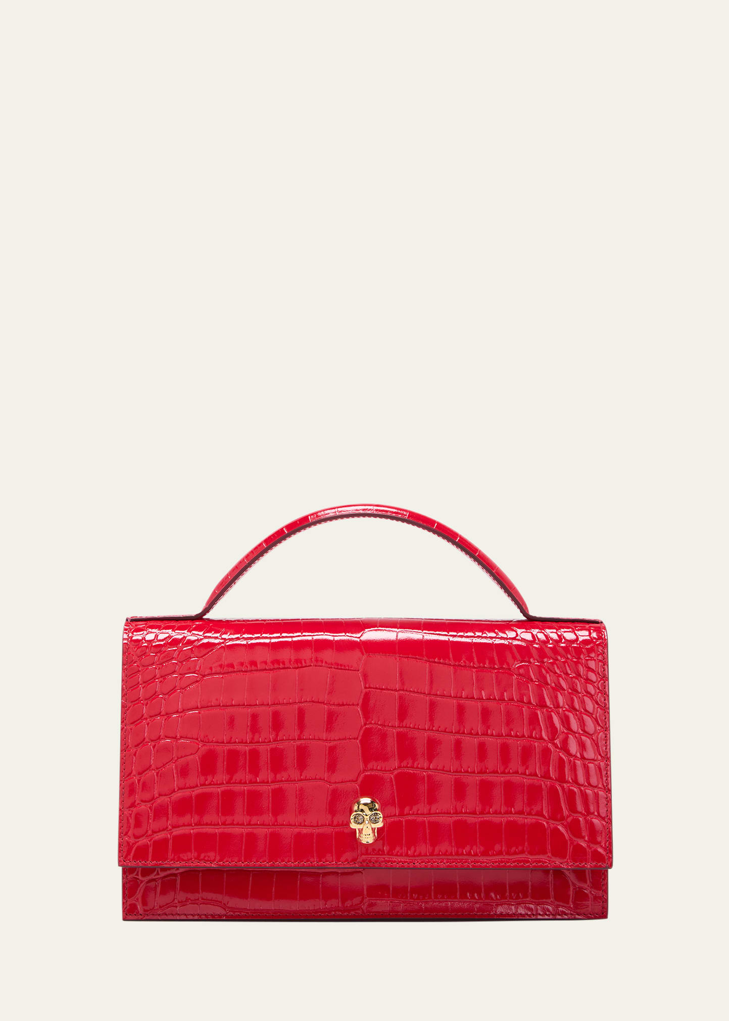 Alexander Mcqueen Medium Skull Croc-embossed Top-handle Bag In Deep Red