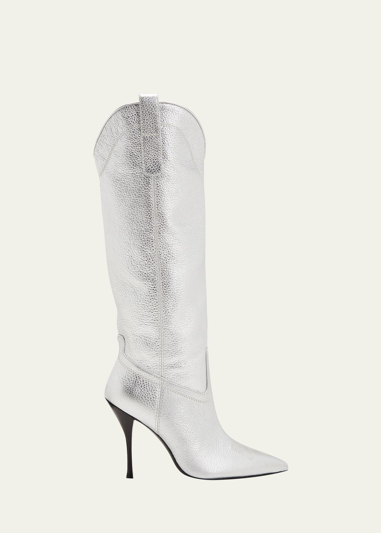 Stuart Weitzman Outwest Metallic Calfskin Stiletto Western Boots In Silver