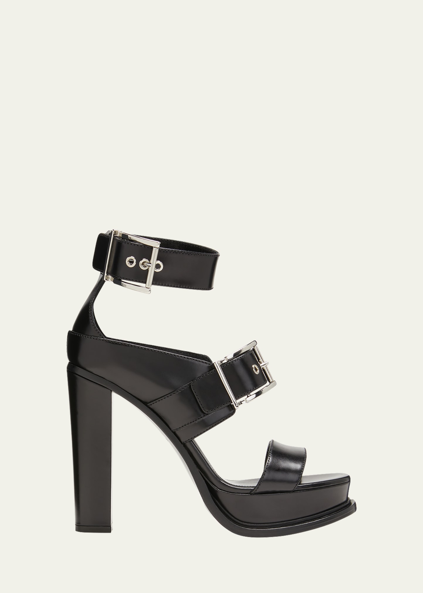 Alexander Mcqueen Platform Sandal With Buckles In Black And Silver In Blacksilver