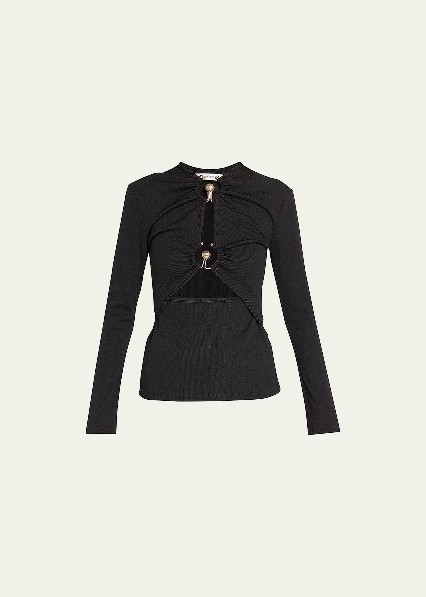 Christopher Esber Orbit Ruched Cutout Long-sleeve Ribbed Top In Black