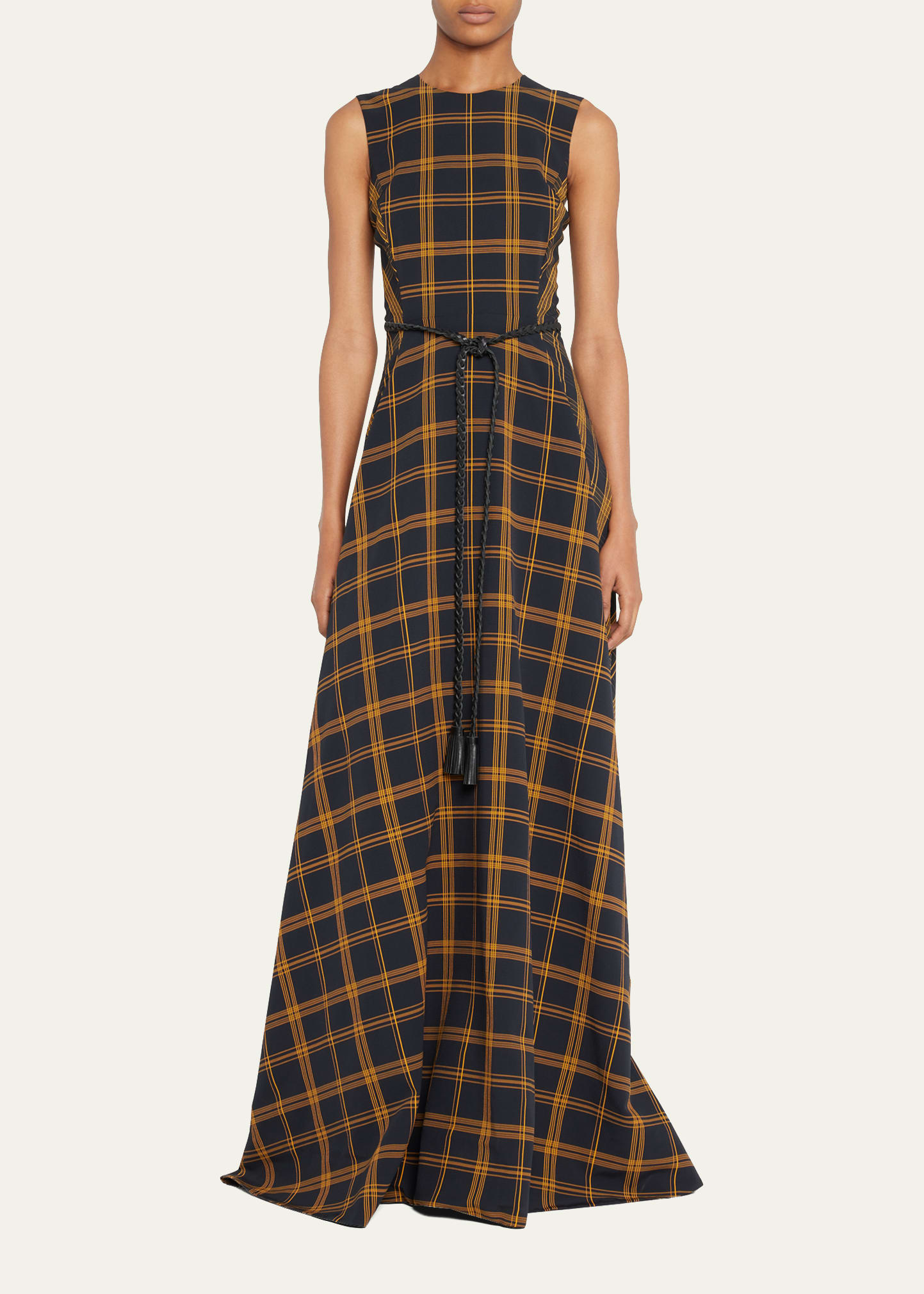 Sleeveless Belted Plaid Gown