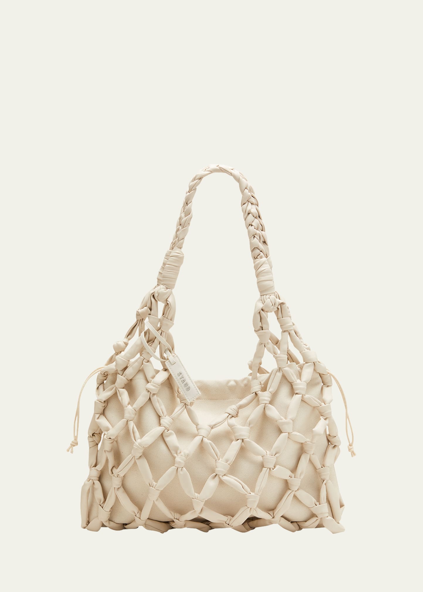 Staud Hitch Woven Leather And Canvas Shoulder Bag In Cream
