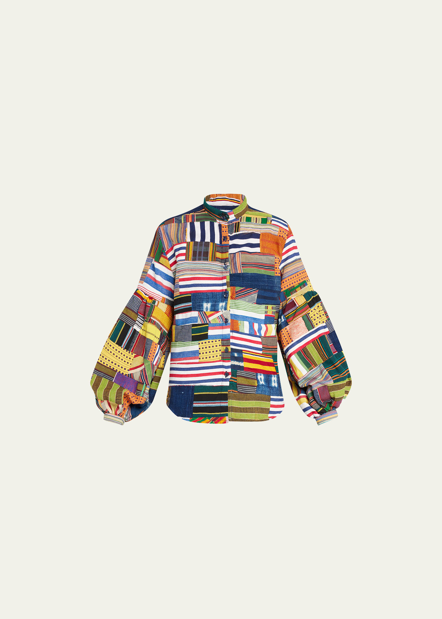 Patchwork Cotton & Kente Blouson-Sleeve Shirt