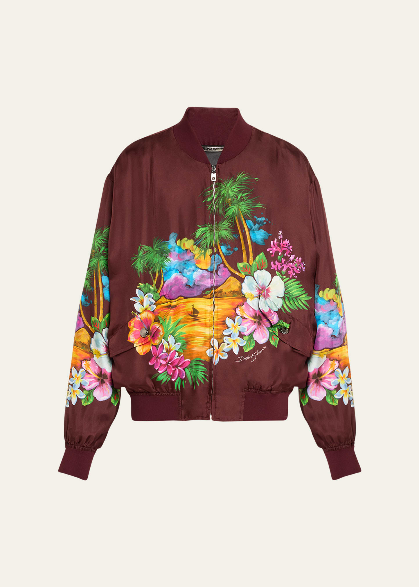 DOLCE & GABBANA MEN'S HAWAIIAN-PRINT SILK BOMBER JACKET