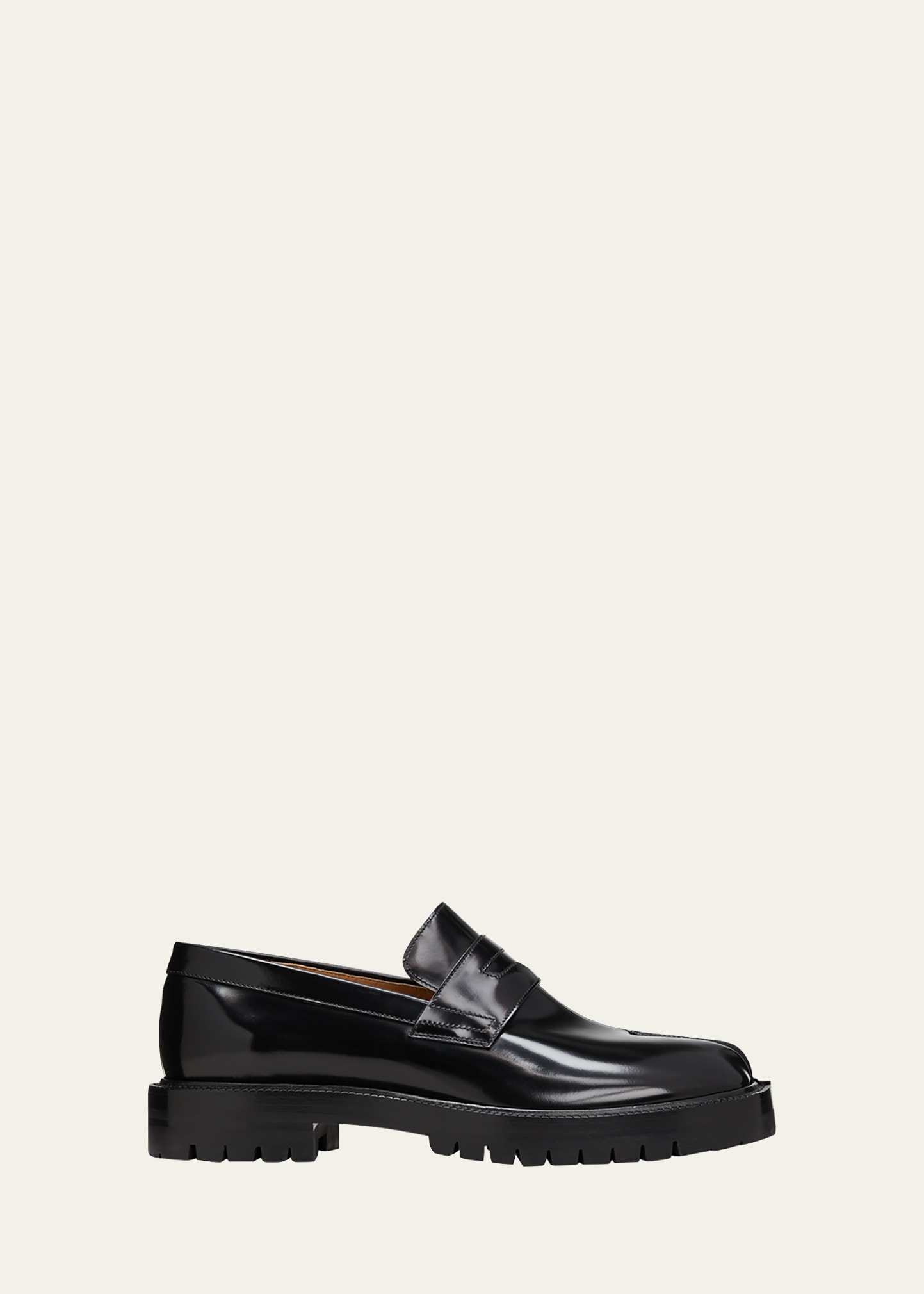 Maison Margiela Tabi County Split-toe Distressed Textured-leather Penny Loafers In Black