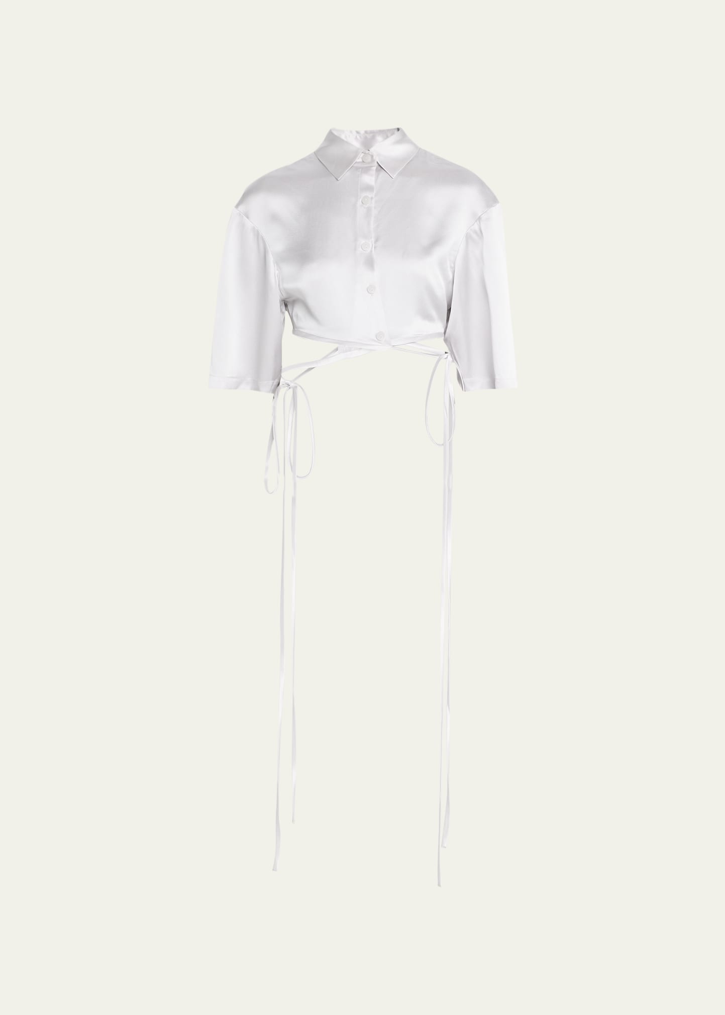 Crisscross Waist-Ties Collared Crop Silk Shirt