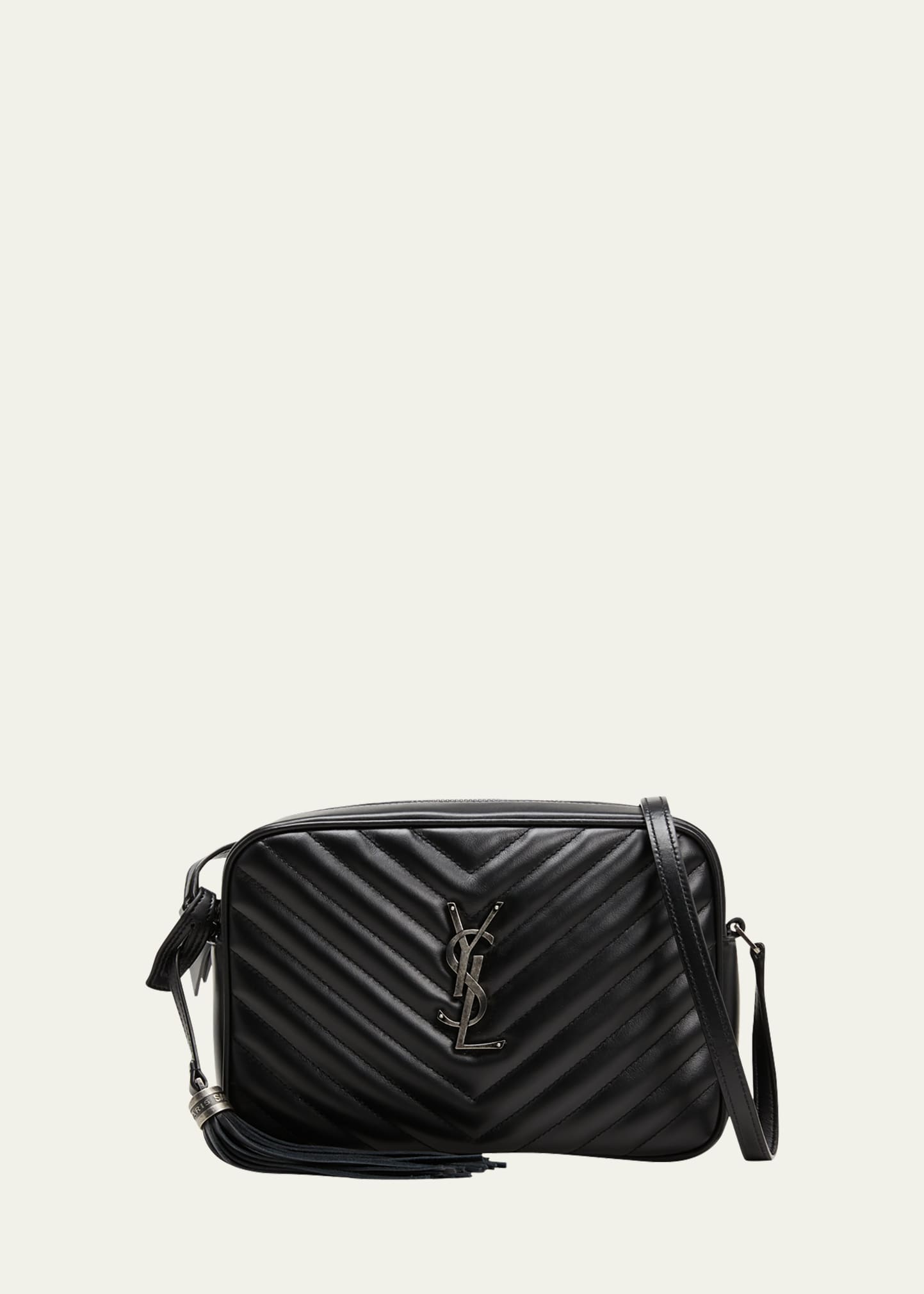 Saint Laurent Lou Camera Medium Zip Leather Shoulder Bag With Pocket In Black