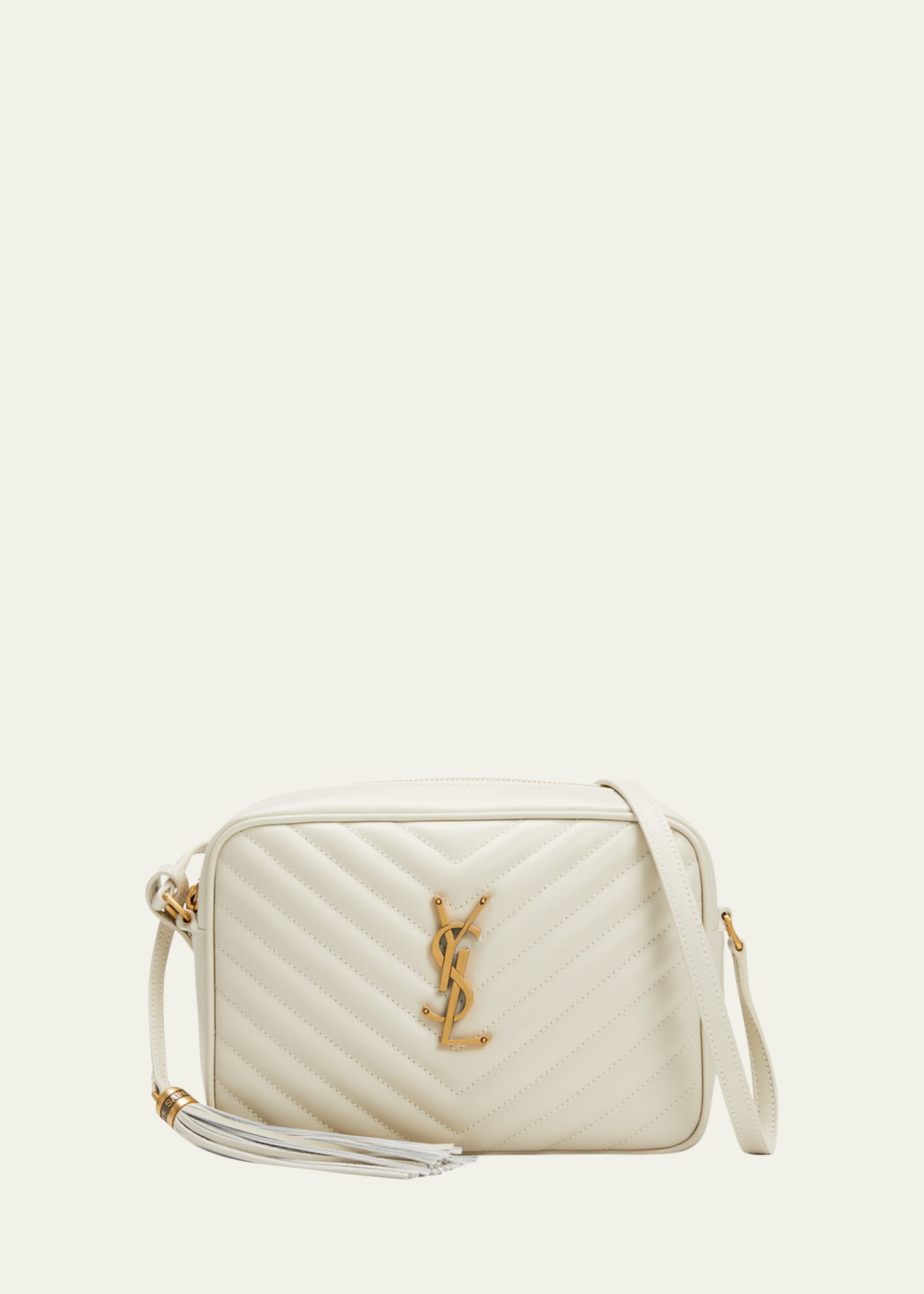 Shop Saint Laurent Lou Medium Ysl Camera Bag With Pocket And Tassel In Quilted Leather In Crema Soft