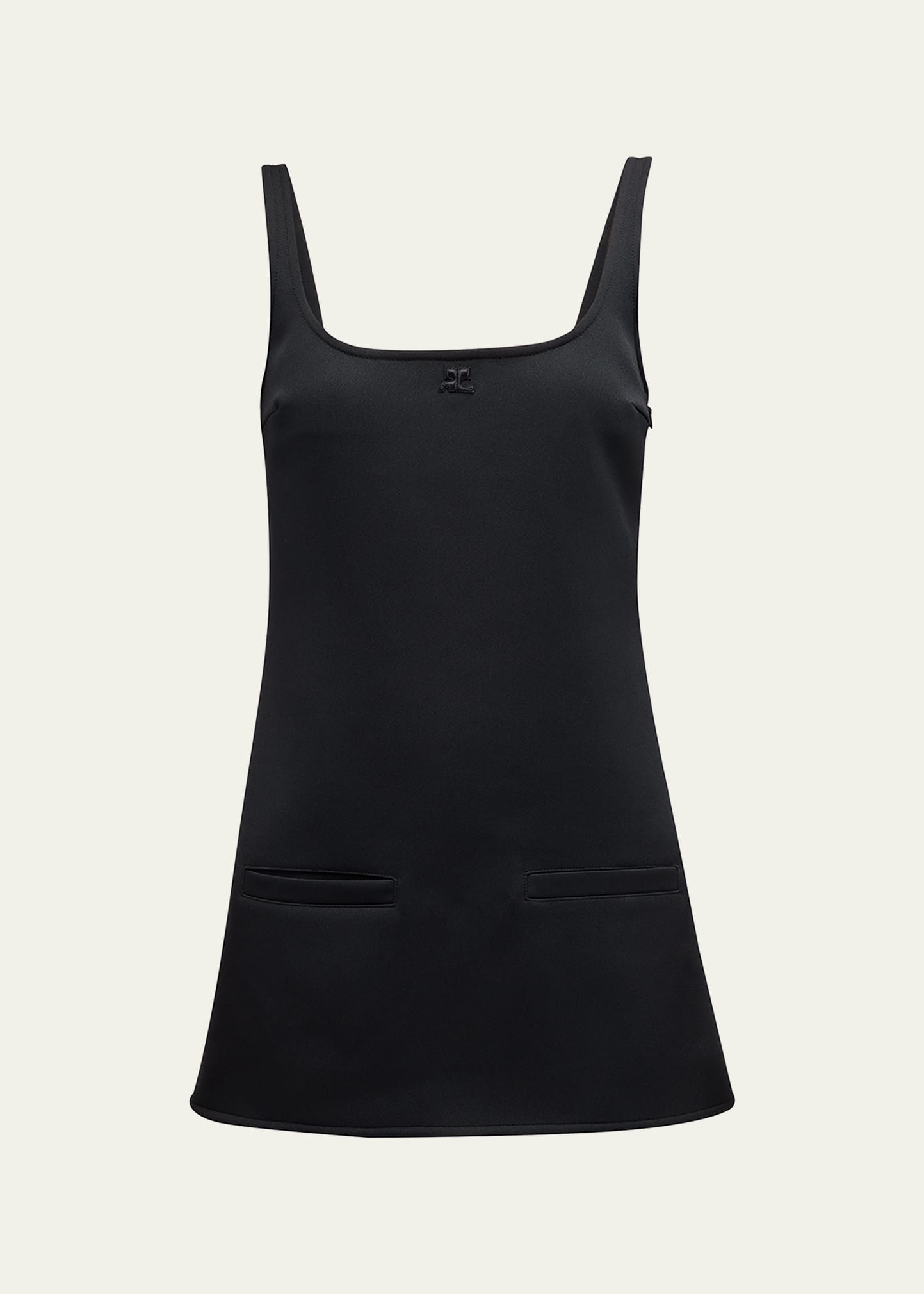 Courrèges Twill Suspenders Trapeze Mini Dress With Logo Detail In Black