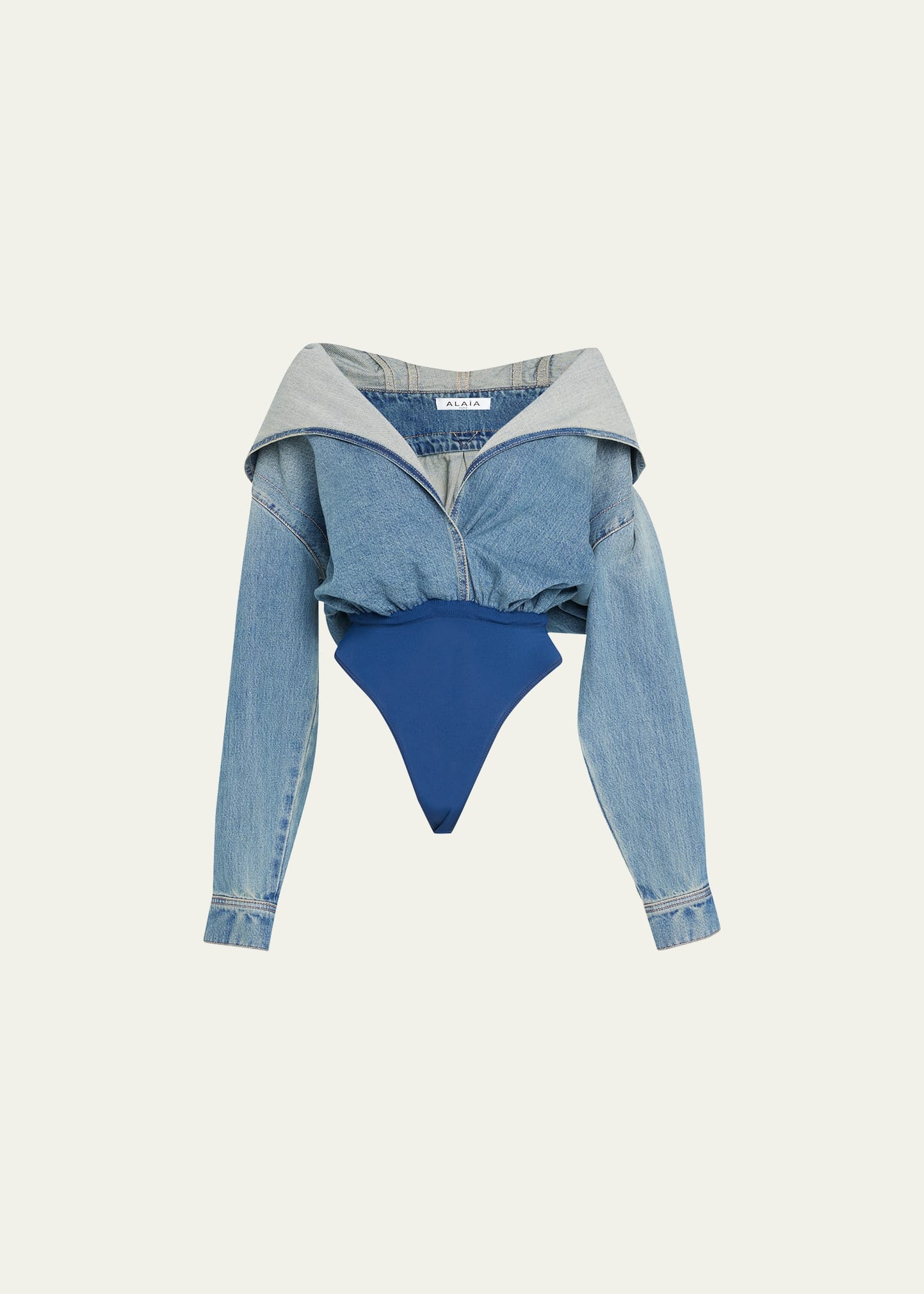 Shop Alaïa Hooded Denim Bodysuit In Bleu Vintage