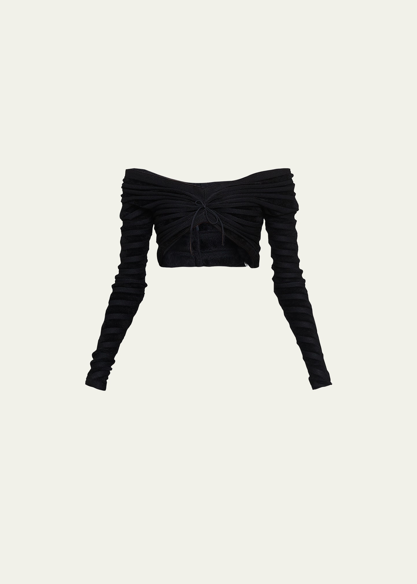 Alaïa Ribbed Off-shoulder Crop Top W/ Tie Front In Noir Alaia
