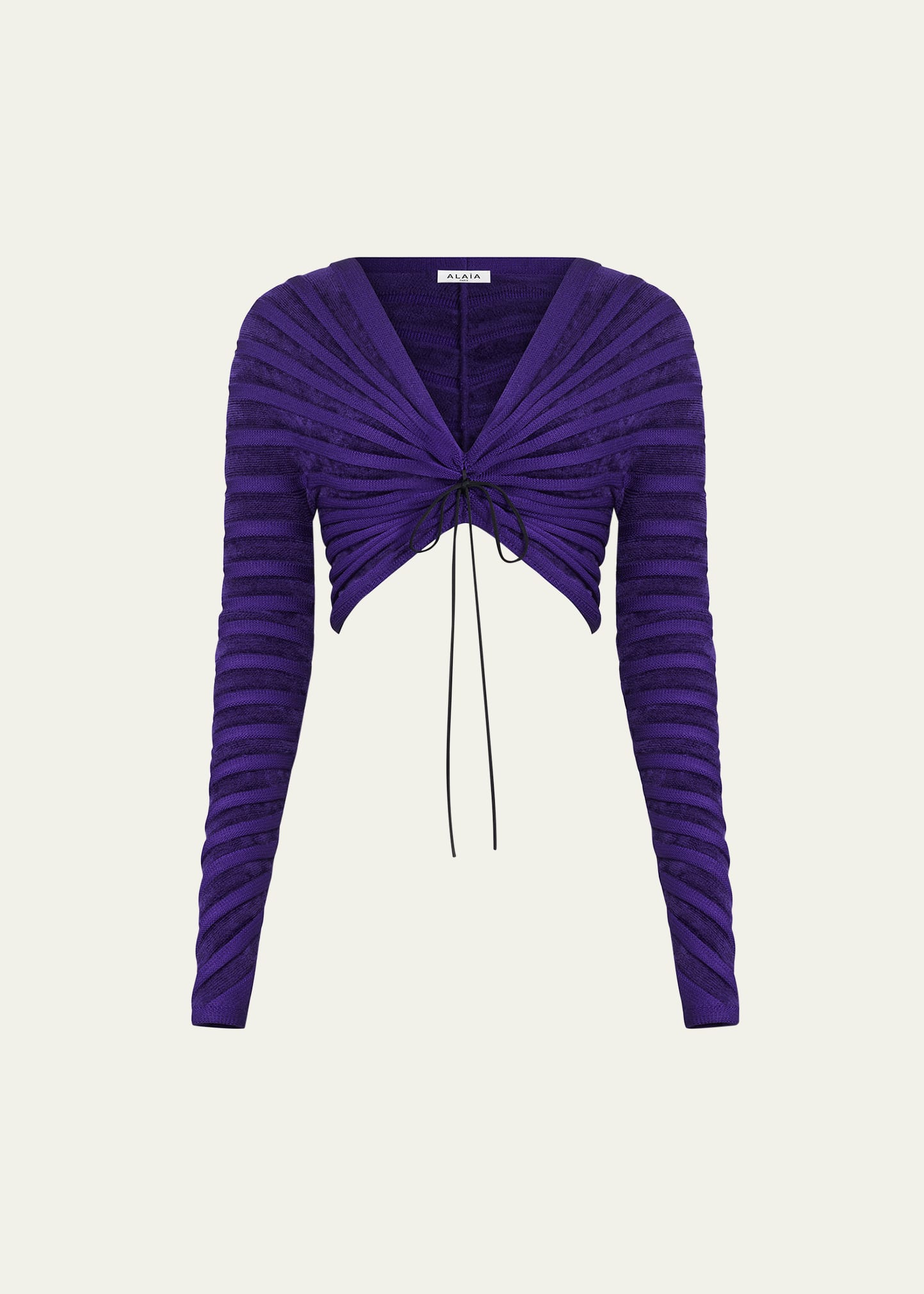 Shop Alaïa Ribbed Off-shoulder Crop Top W/ Tie Front In Ultraviolet