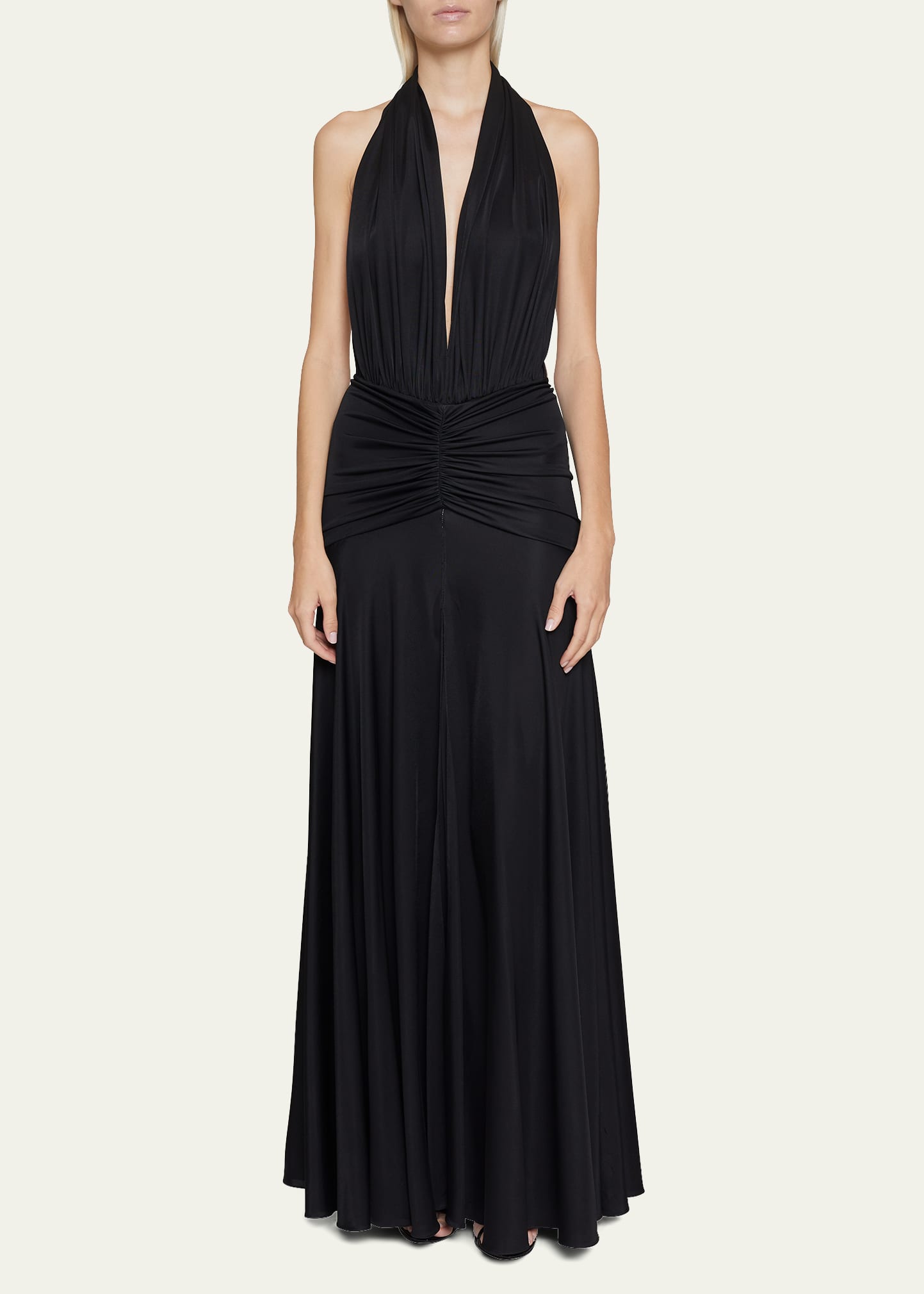 Open-Back Plunge Halter Gown