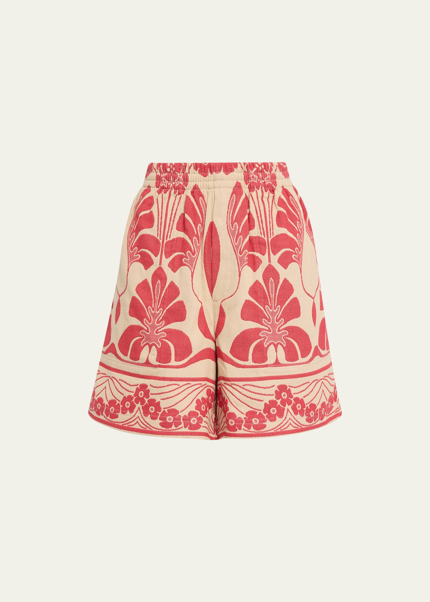 Bode Nouveau Monstera Jacquard Shorts In Red Cream