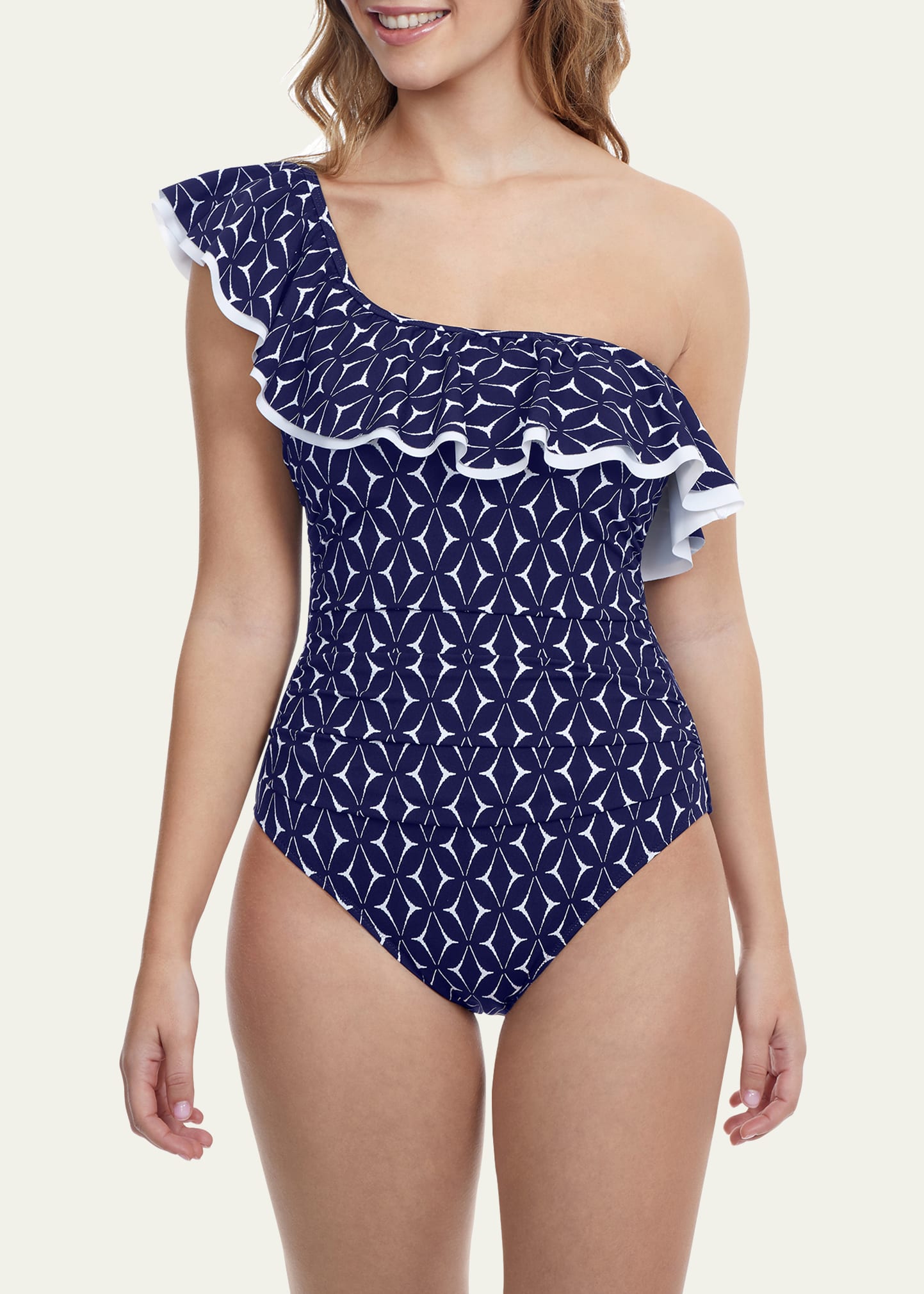 Gottex Supreme One-shoulder One-piece Swimsuit In Navy/white
