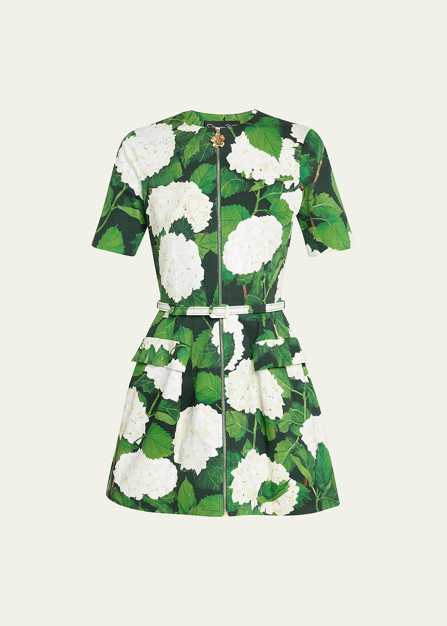 Oscar de la Renta Hydrangea-Print Belted Zip Front Cotton Twill Mini Dress
