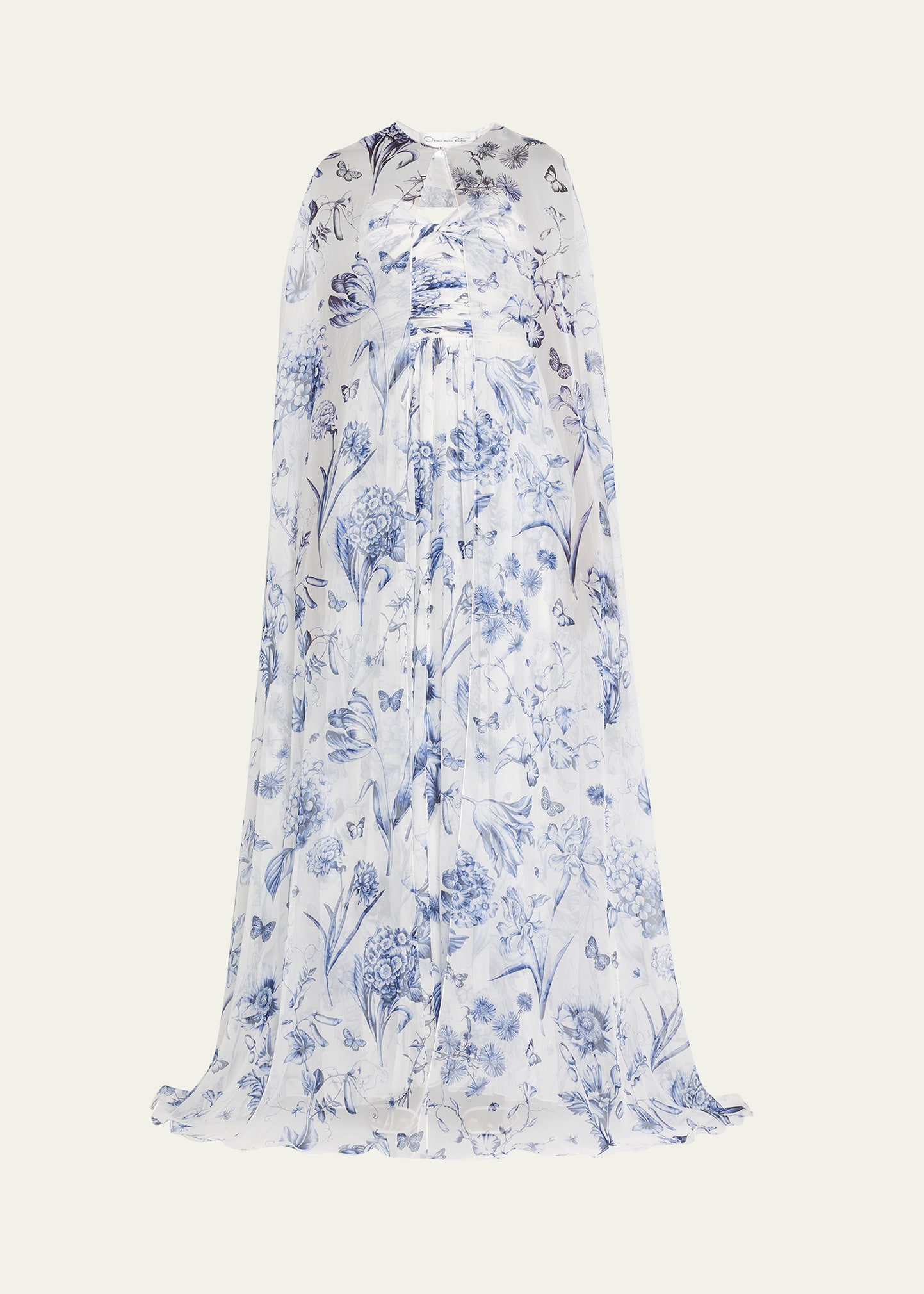 Oscar De La Renta Floral Strapless Chiffon Gown With Cape In Blue