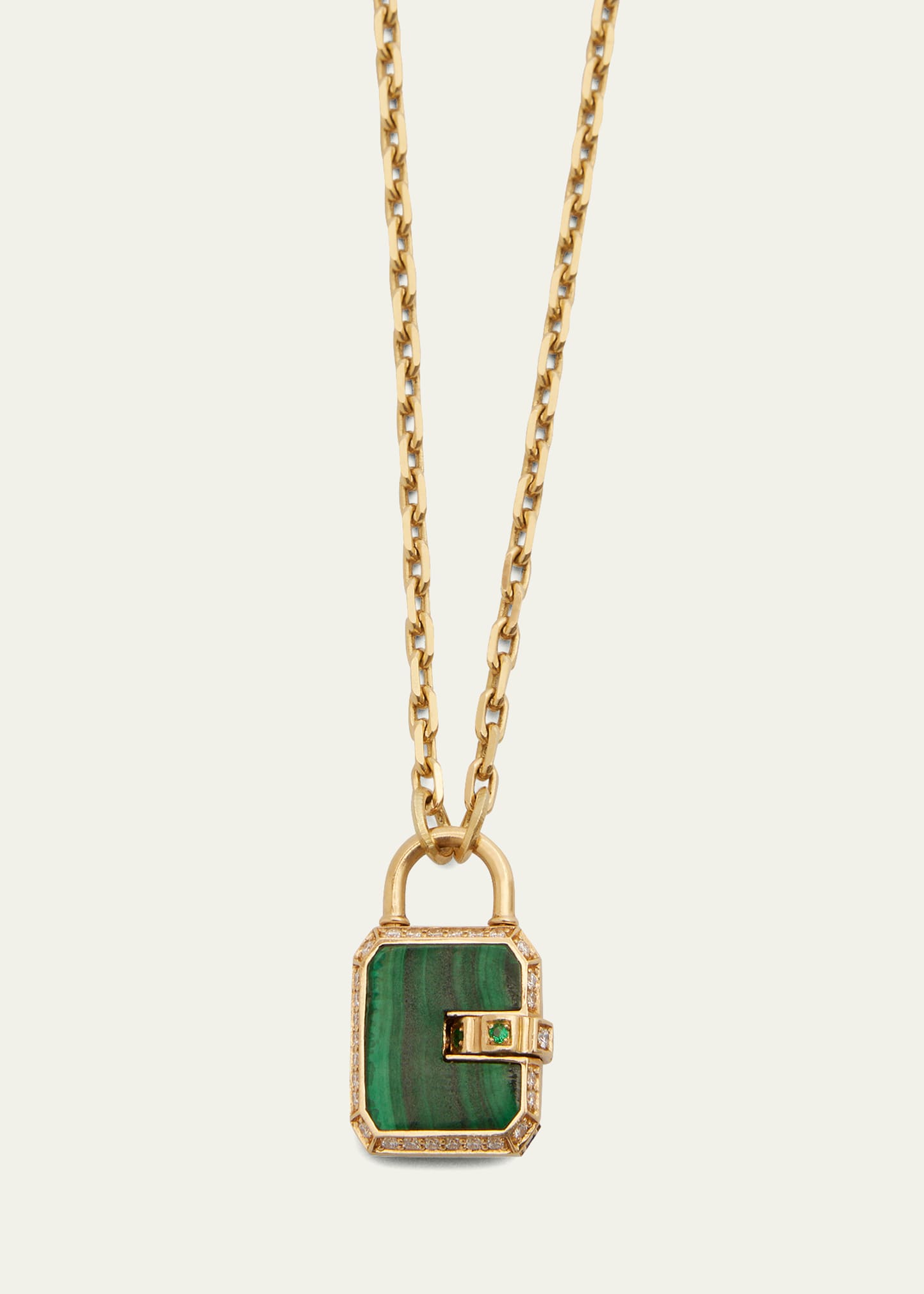 Mini Padlock Pendant with Malachite, White Diamonds and 18K Yellow Gold