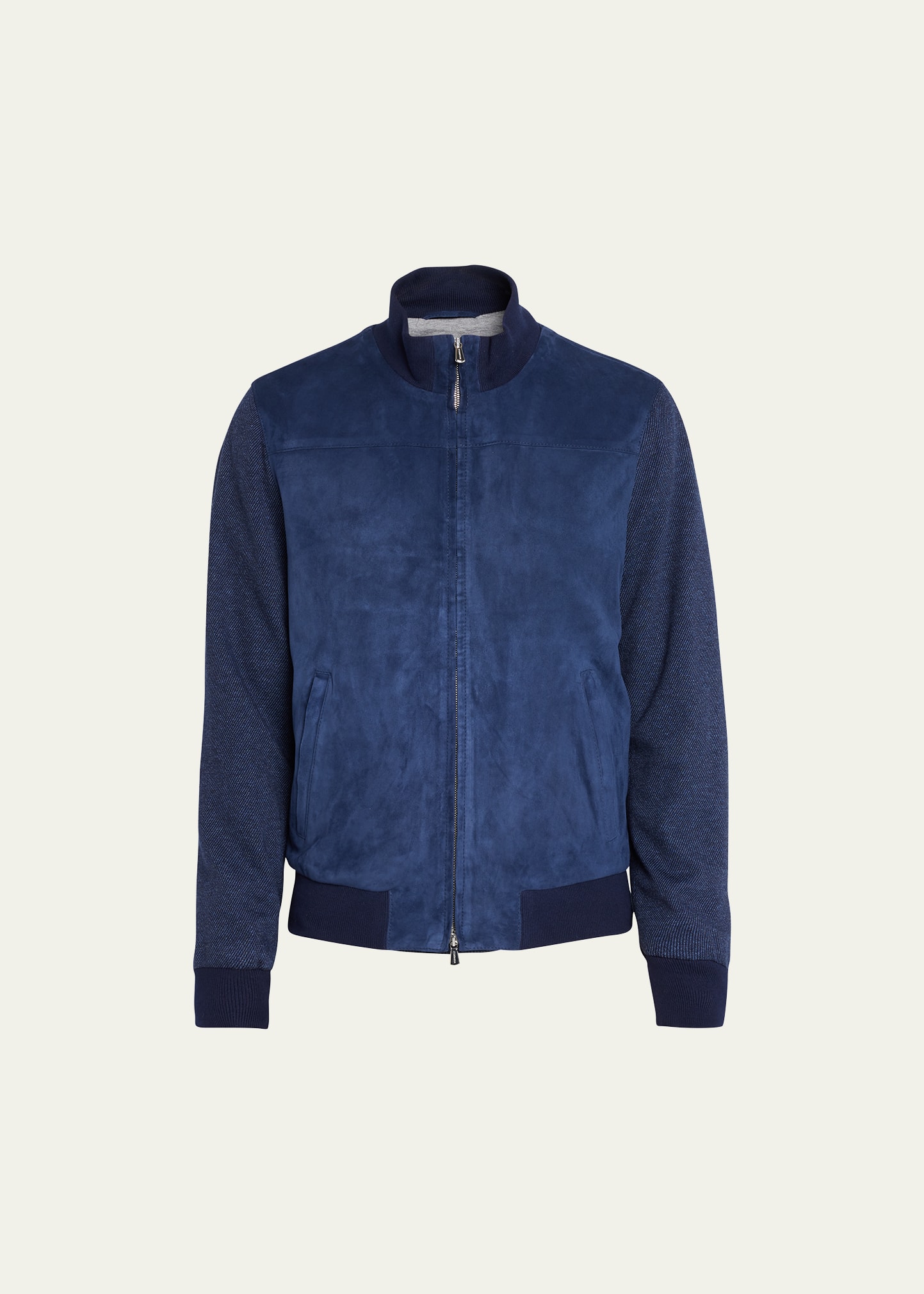 Men's Suede Bomber Jacket with Knit Sleeves