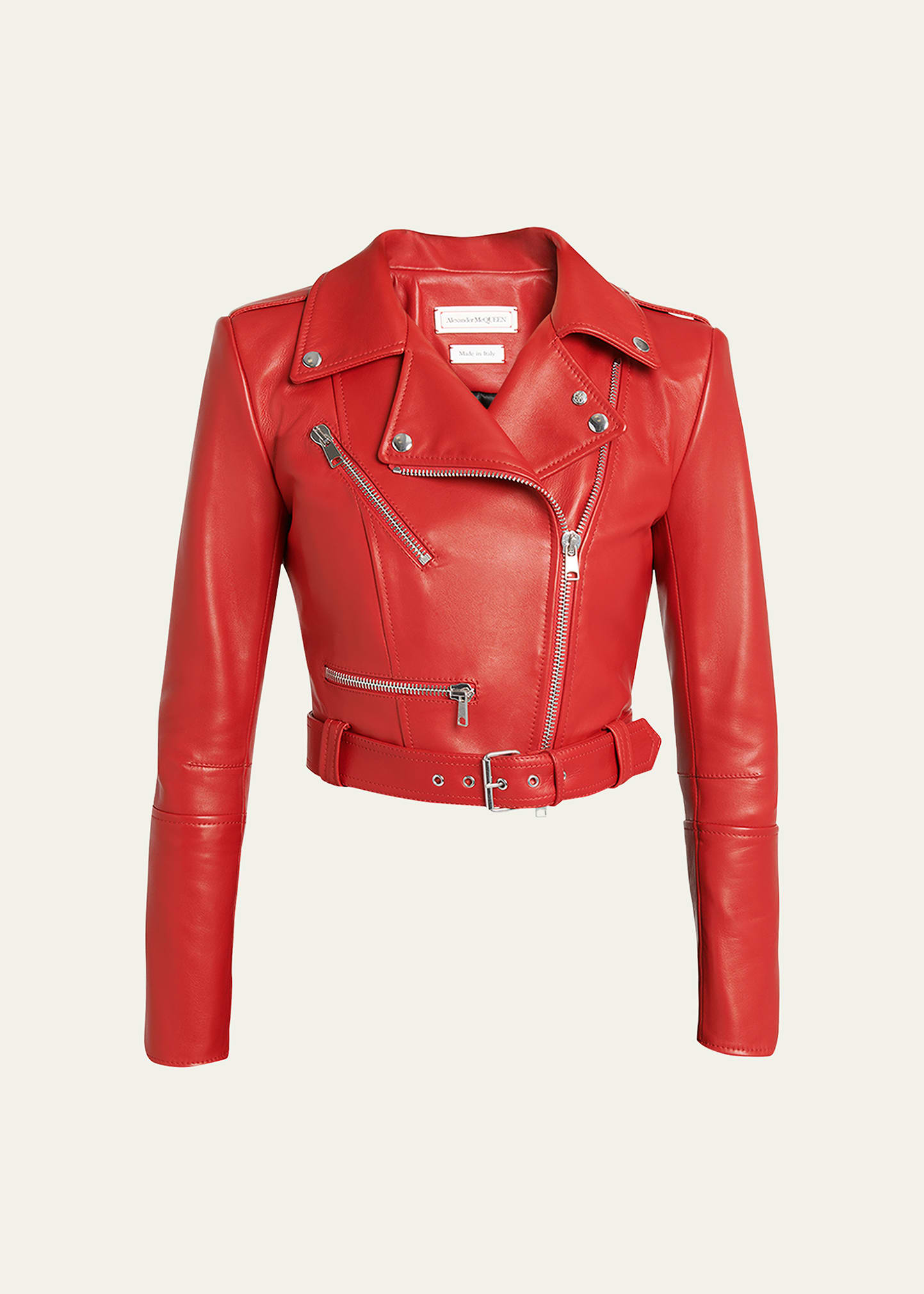 Shop Alexander Mcqueen Cropped Leather Biker Jacket In Red