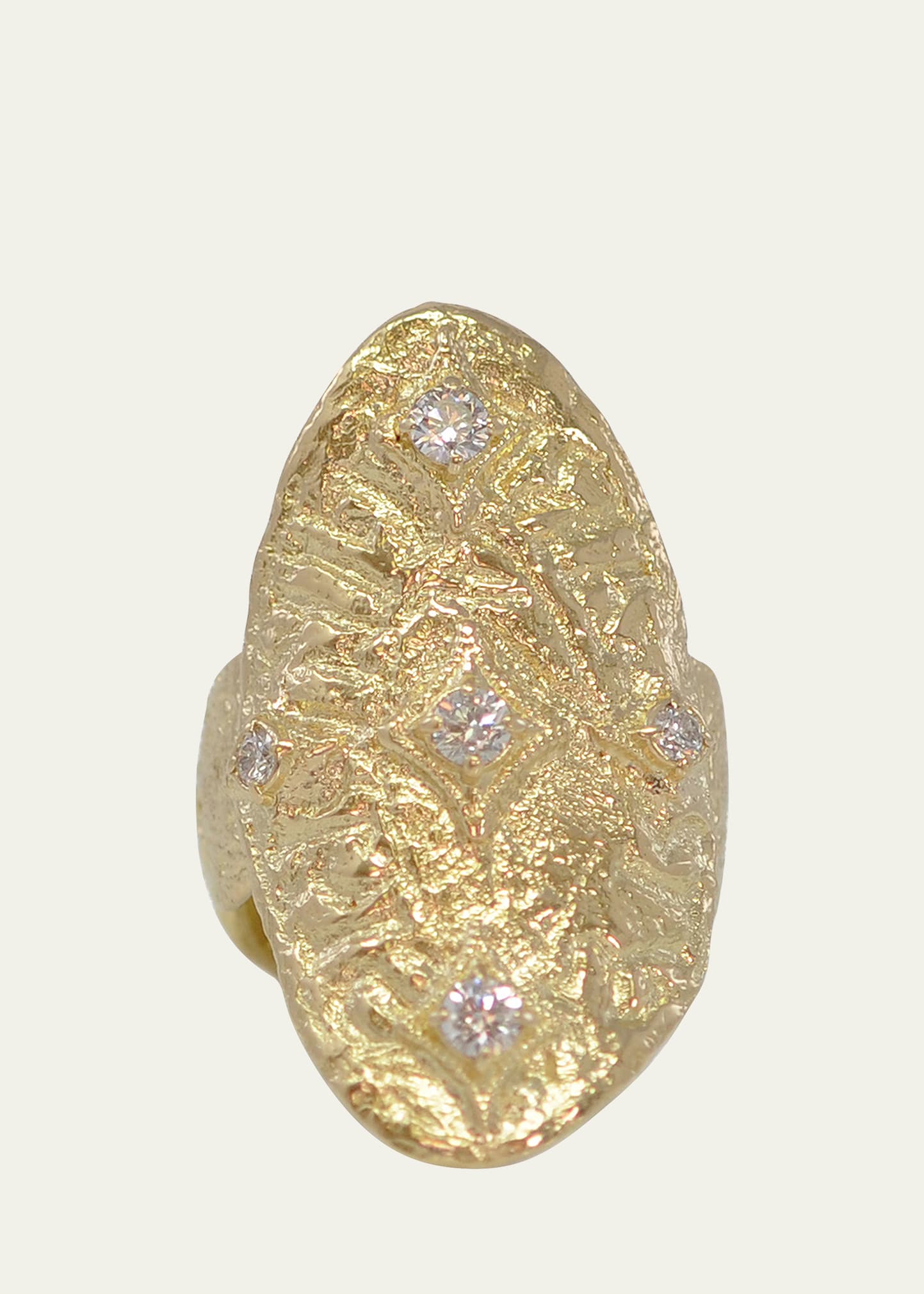 18K Yellow Gold Diamond Artifact Medallion Statement Shield Ring