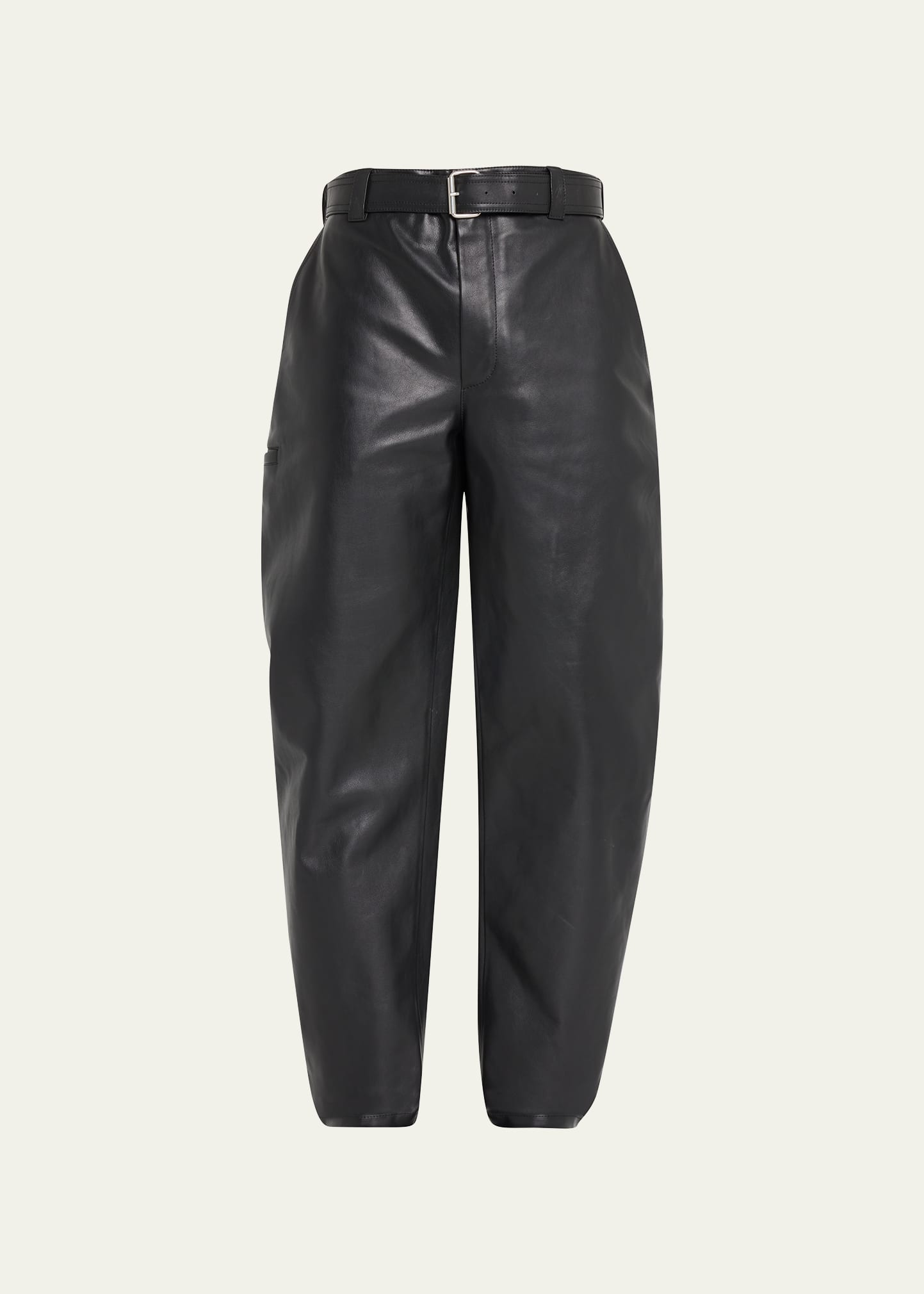 Men's Belted Leather Curved-Leg Trousers