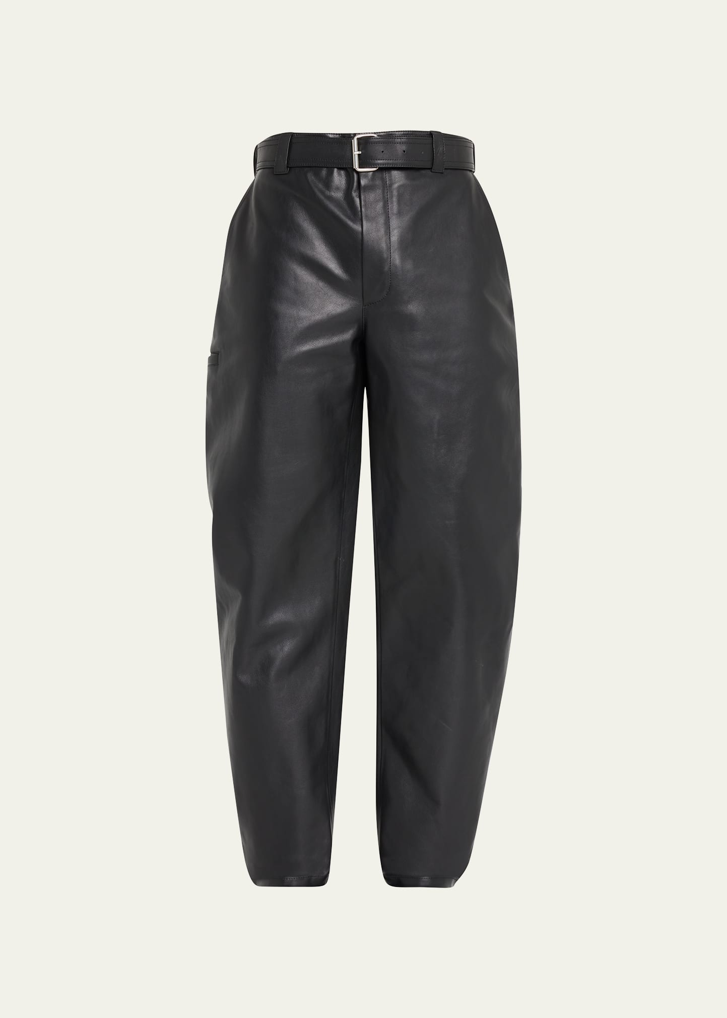 Bottega Veneta Men's Belted Leather Curved-leg Trousers In Titanium