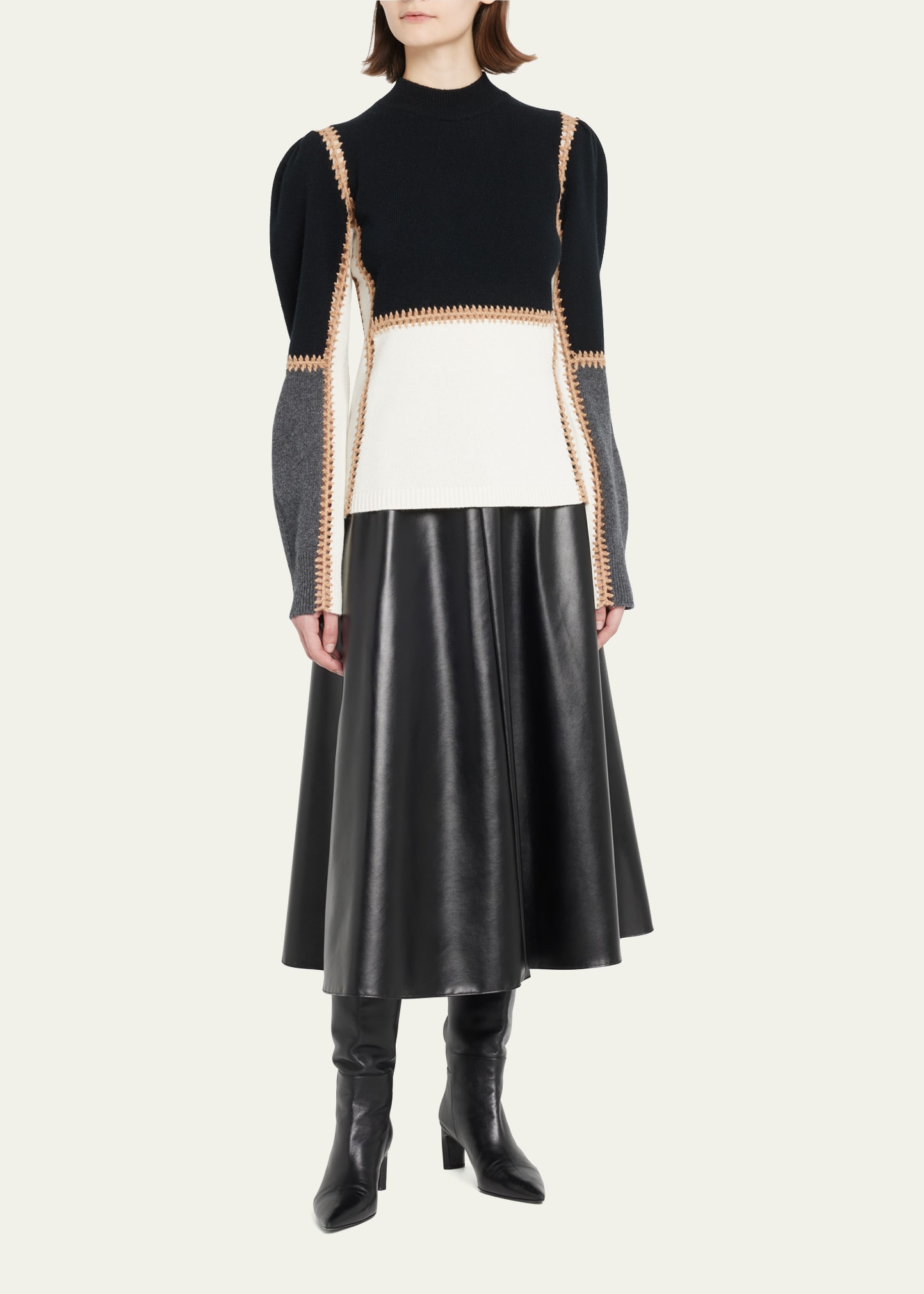 Cashmere Knit Colorblock Sweater with Contrast Stitching