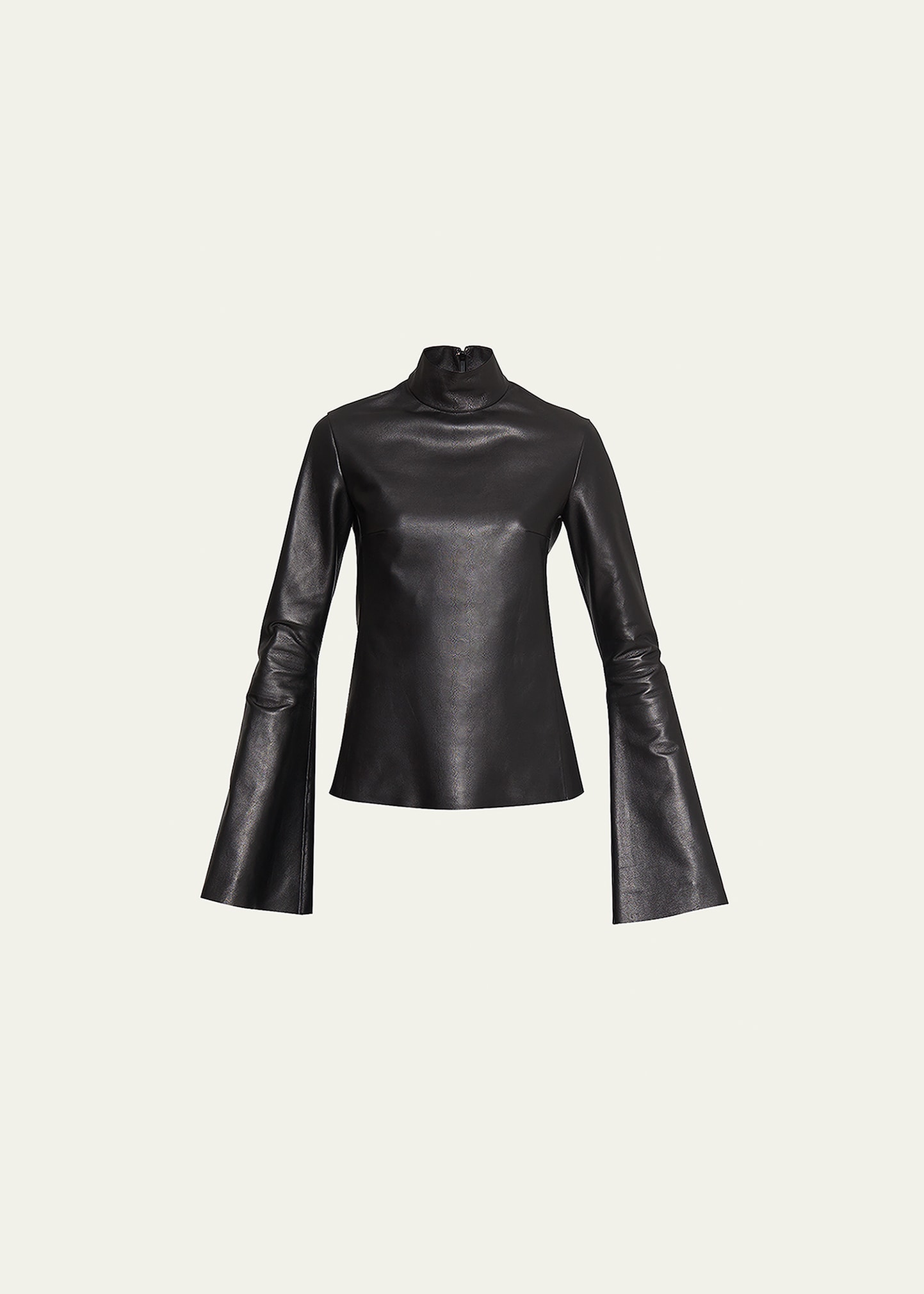 Mock-Neck Leather Top with Bell Sleeves