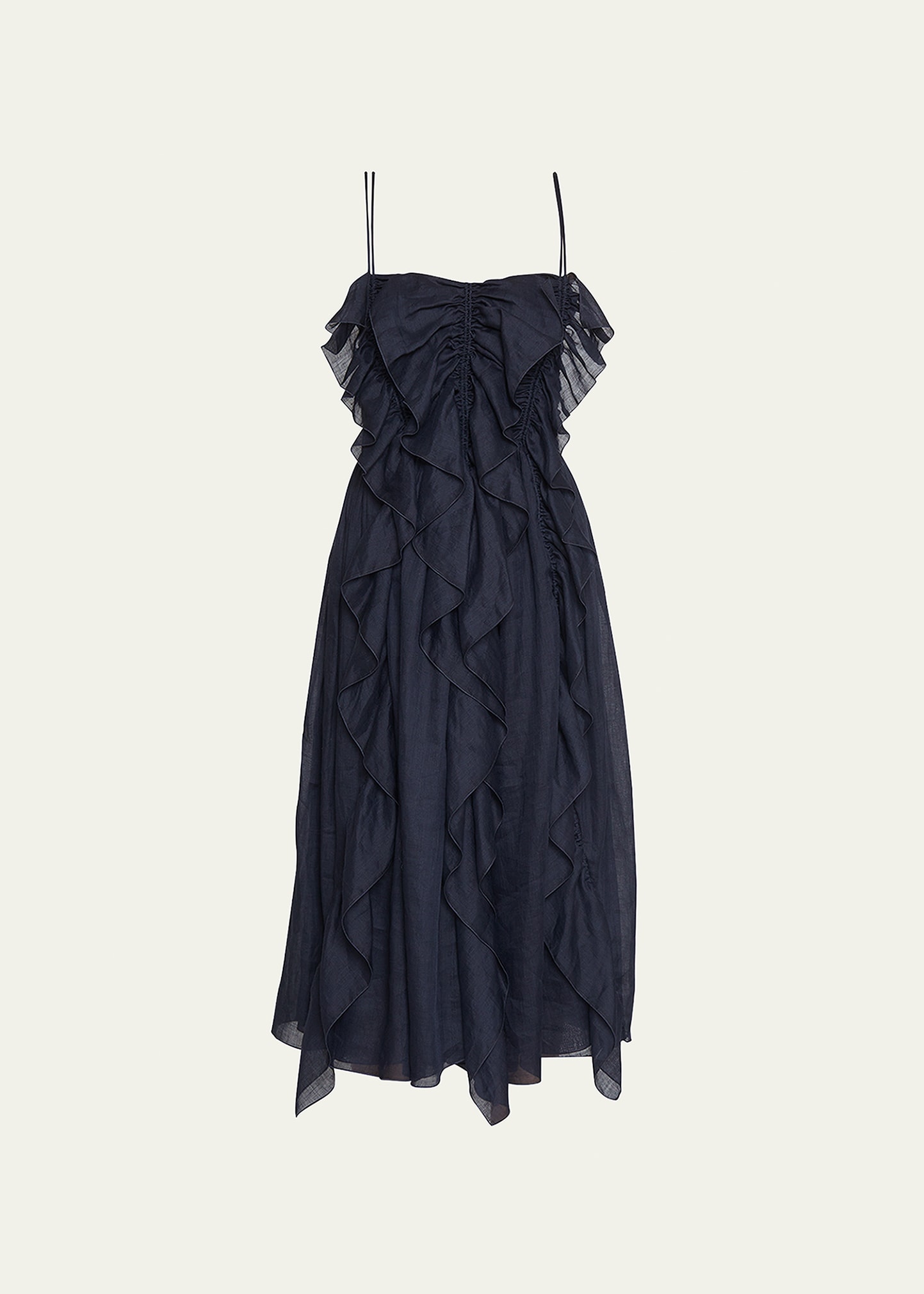Chloé Ruffle Ramie Midi Dress With Back Zip In Ink Navy