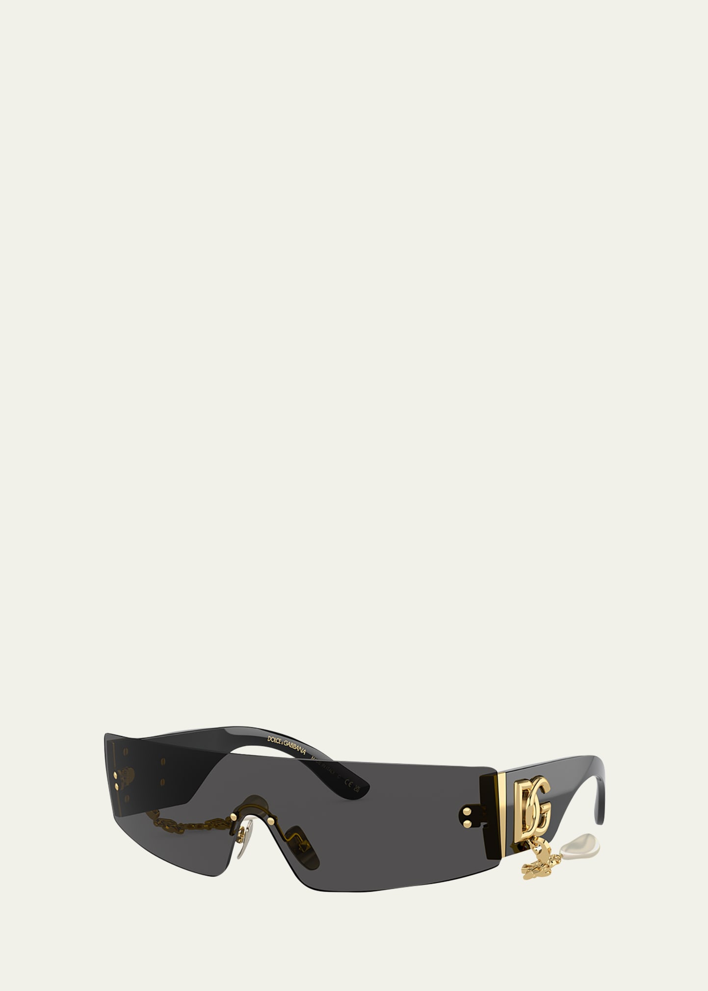 Dolce & Gabbana Rectangular Acetate & Plastic Shield Sunglasses W/ Pearly Chain In Black